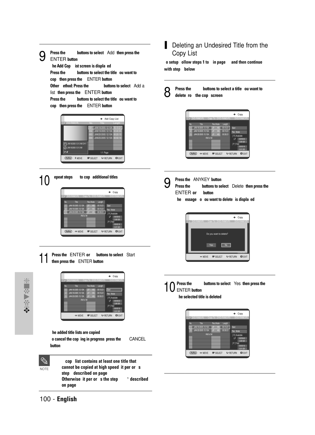 Samsung DVD-TR520 Deleting an Undesired Title from the Copy List, If copy list contains at least one title that 