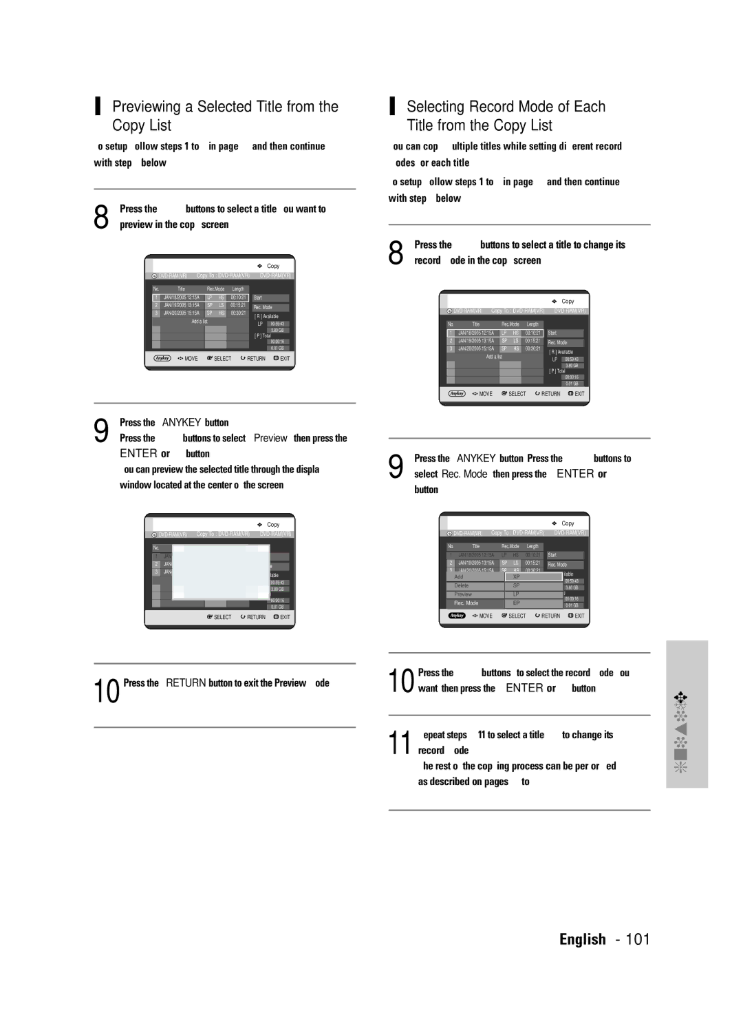 Samsung DVD-TR520 Previewing a Selected Title from the Copy List, Selecting Record Mode of Each Title from the Copy List 