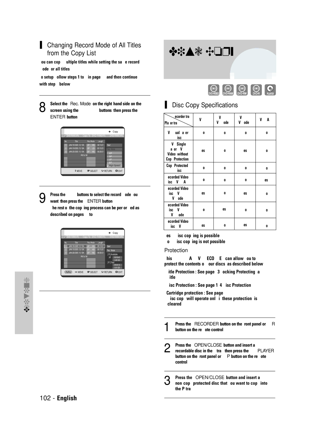 Samsung DVD-TR520 instruction manual Changing Record Mode of All Titles from the Copy List, Disc Copy Specifications 