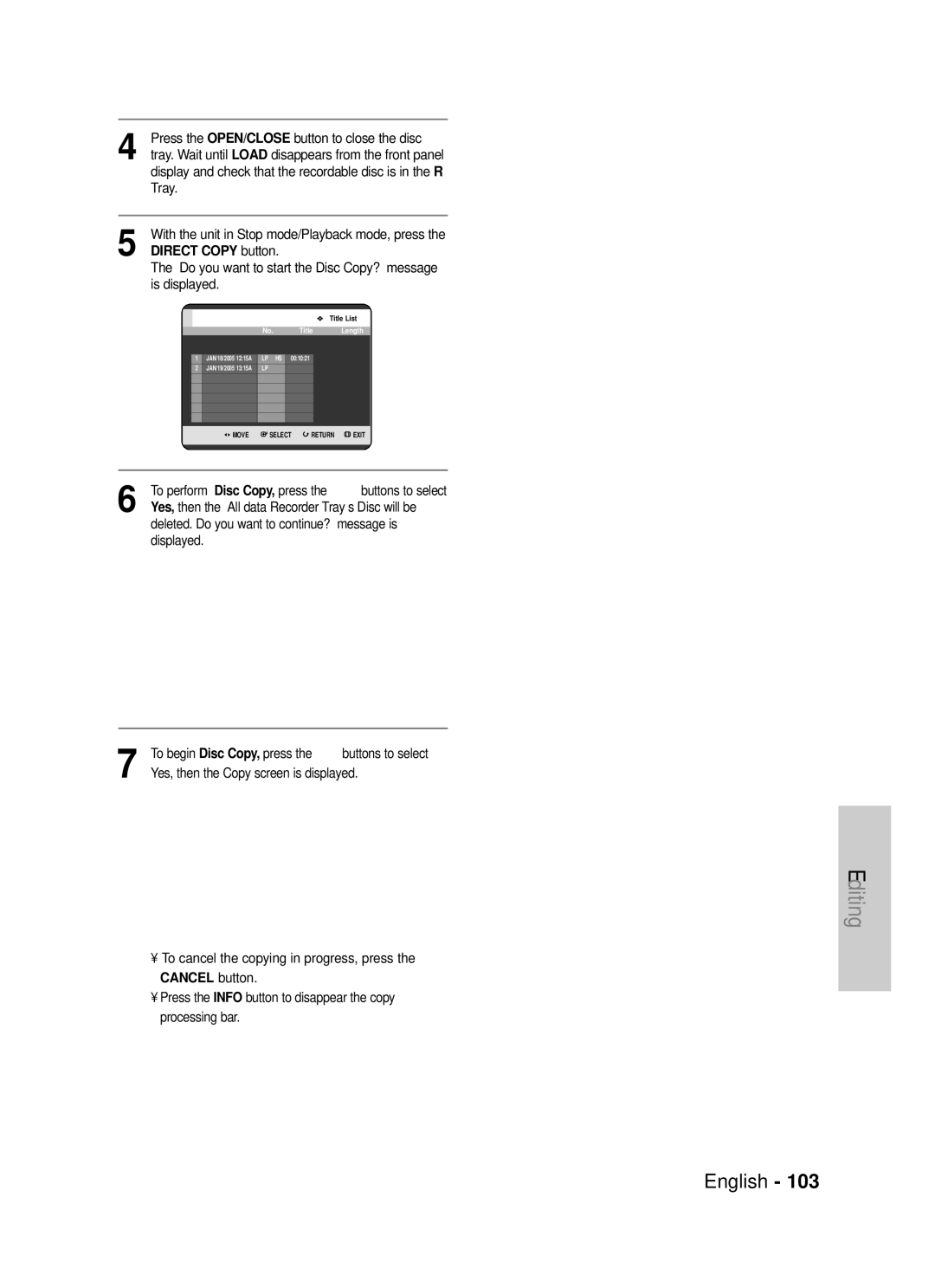 Samsung DVD-TR520 Disc Manager, Editing the Disc Name, Direct Copy button, Deleted. Do you want to continue? message is 