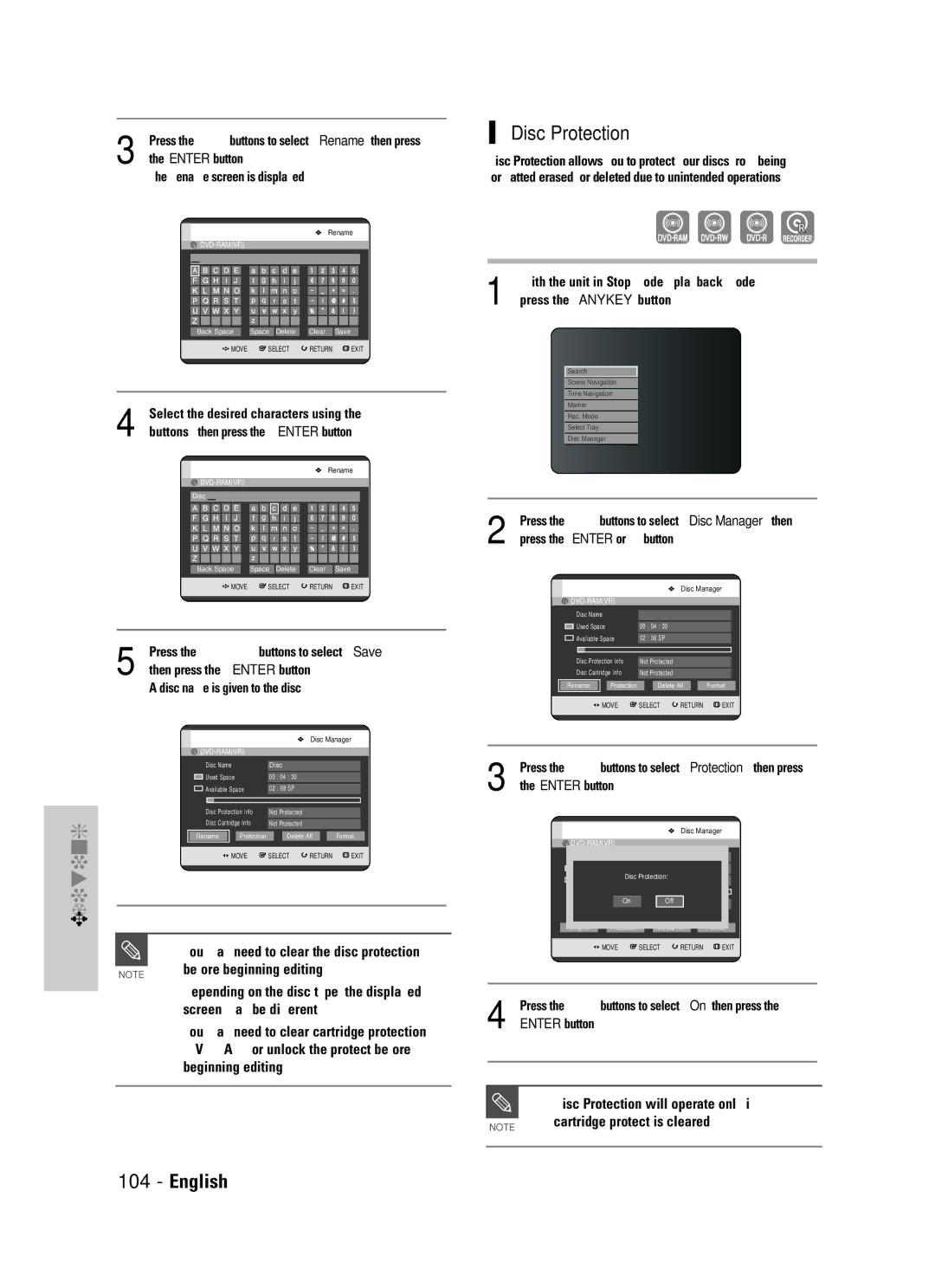 Samsung DVD-TR520 instruction manual Disc Protection, Before beginning editing, Cartridge protect is cleared 