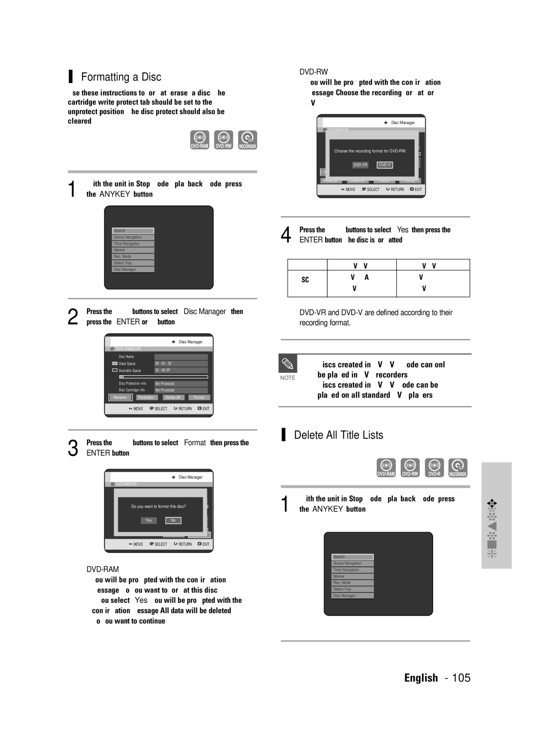 Samsung DVD-TR520 instruction manual Formatting a Disc, Delete All Title Lists, Be played in DVD recorders 