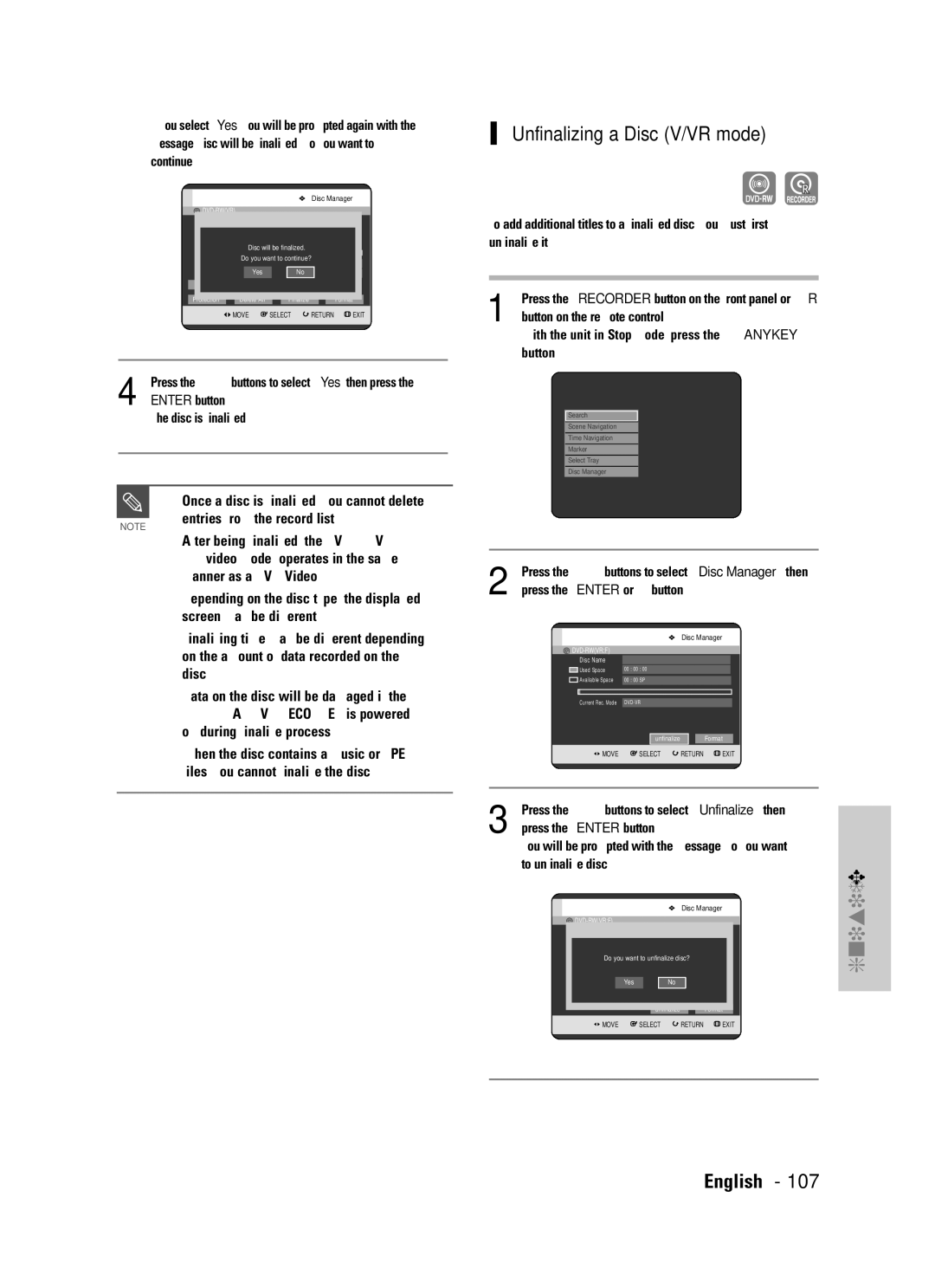 Samsung DVD-TR520 Unfinalizing a Disc V/VR mode, Once a disc is finalized, you cannot delete, Entries from the record list 