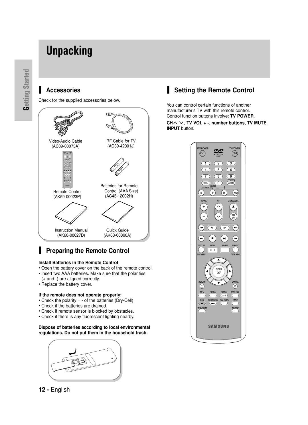 Samsung DVD-TR520 instruction manual Unpacking, Setting the Remote Control, Preparing the Remote Control 