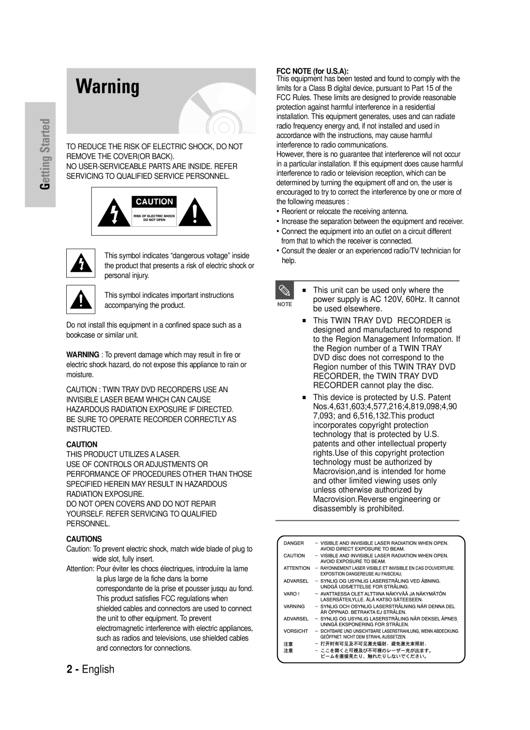 Samsung DVD-TR520 instruction manual Getting Started, FCC Note for U.S.A 