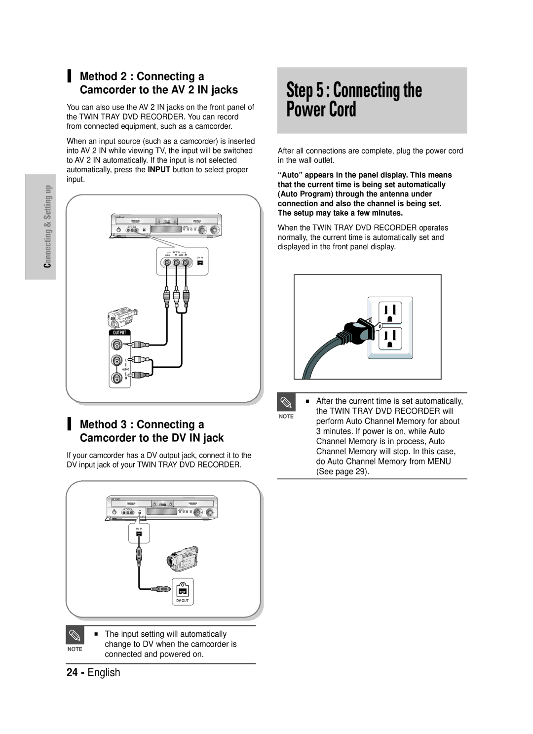 Samsung DVD-TR520 instruction manual Power Cord, Method 2 Connecting a Camcorder to the AV 2 in jacks 