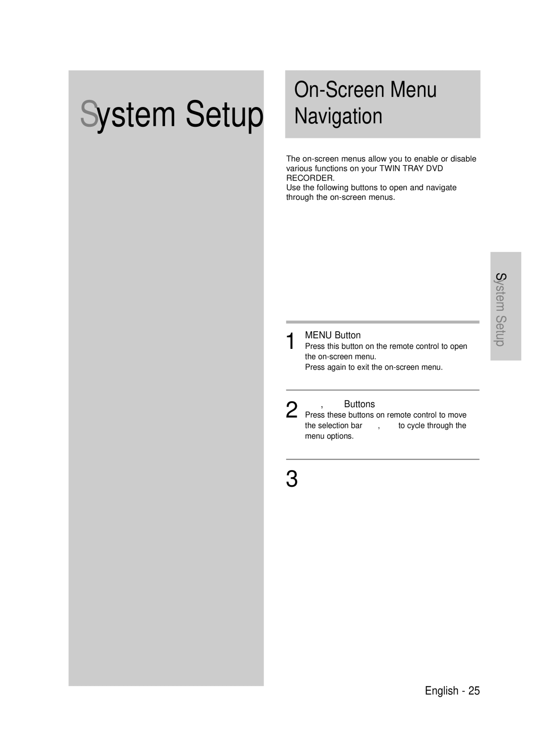 Samsung DVD-TR520 instruction manual On-Screen Menu Navigation, Menu Button, …†, œ √ Buttons, Enter Button, Return Button 