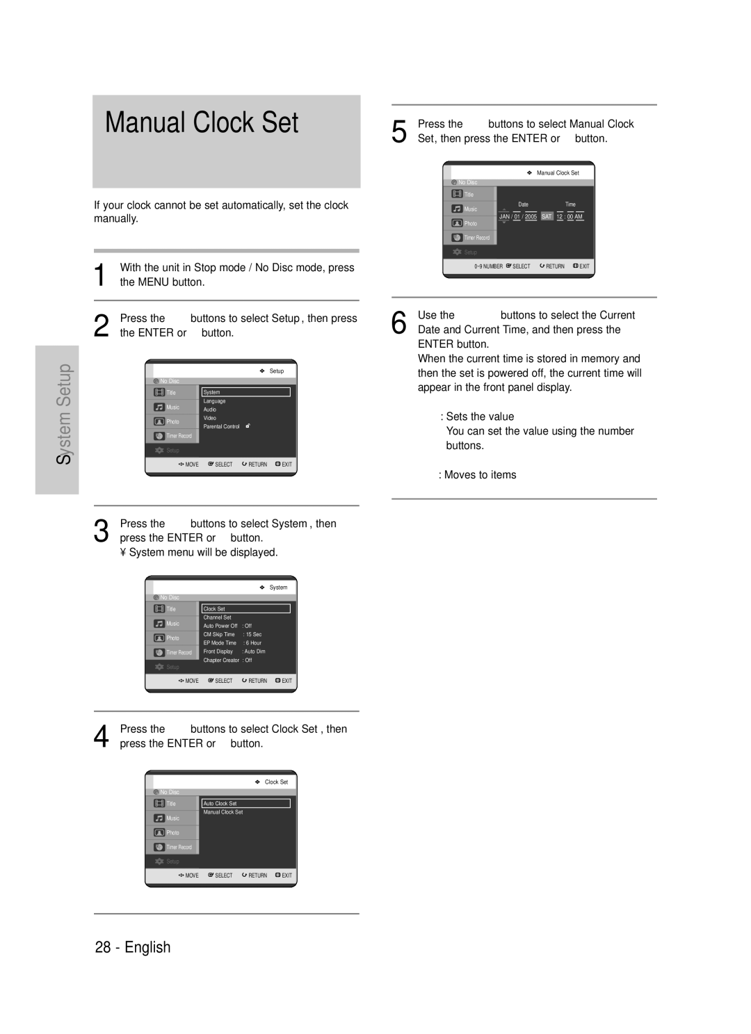 Samsung DVD-TR520 instruction manual Manual Clock Set 