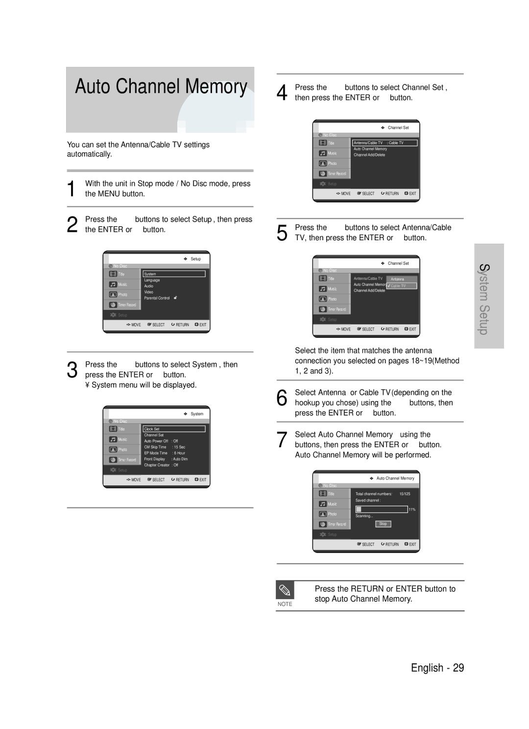 Samsung DVD-TR520 instruction manual Press the …† buttons to select Antenna/Cable, TV, then press the Enter or √ button 