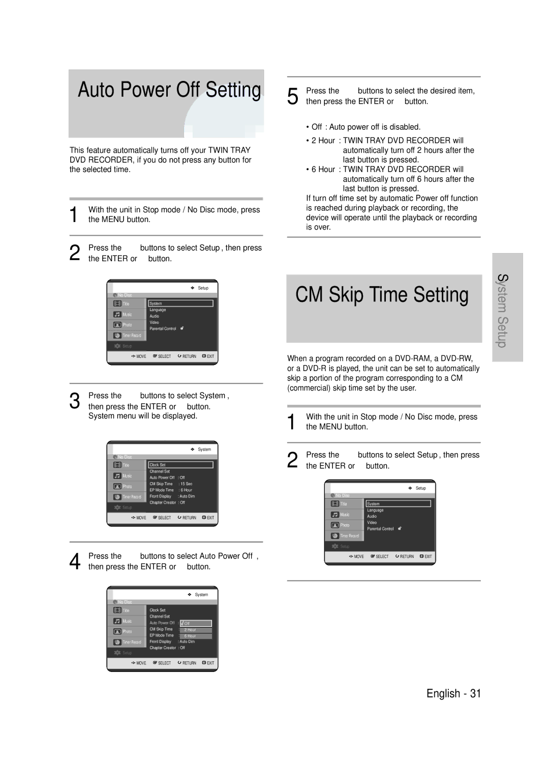 Samsung DVD-TR520 instruction manual Auto Power Off Setting 