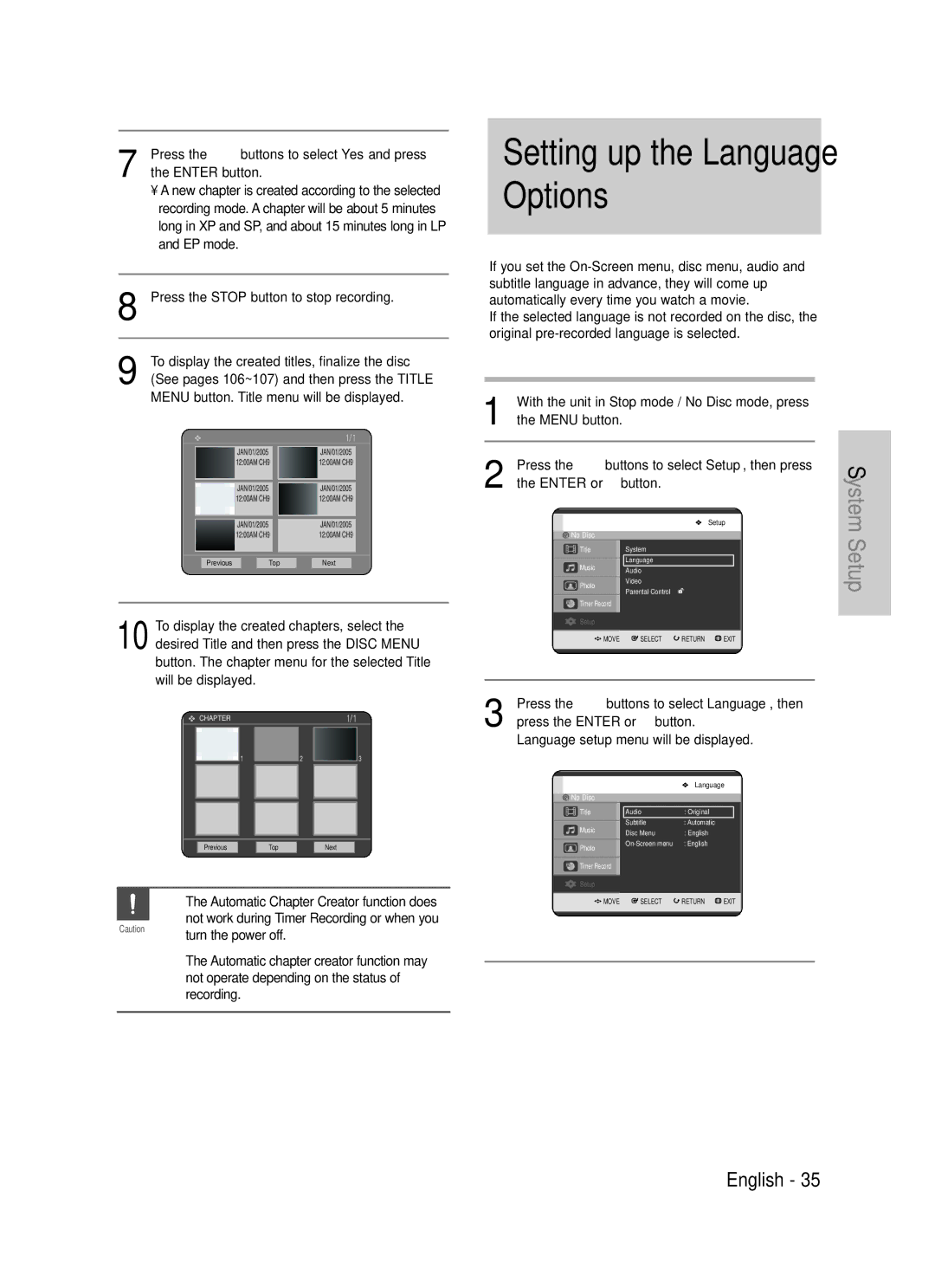 Samsung DVD-TR520 instruction manual Setting up the Language Options 