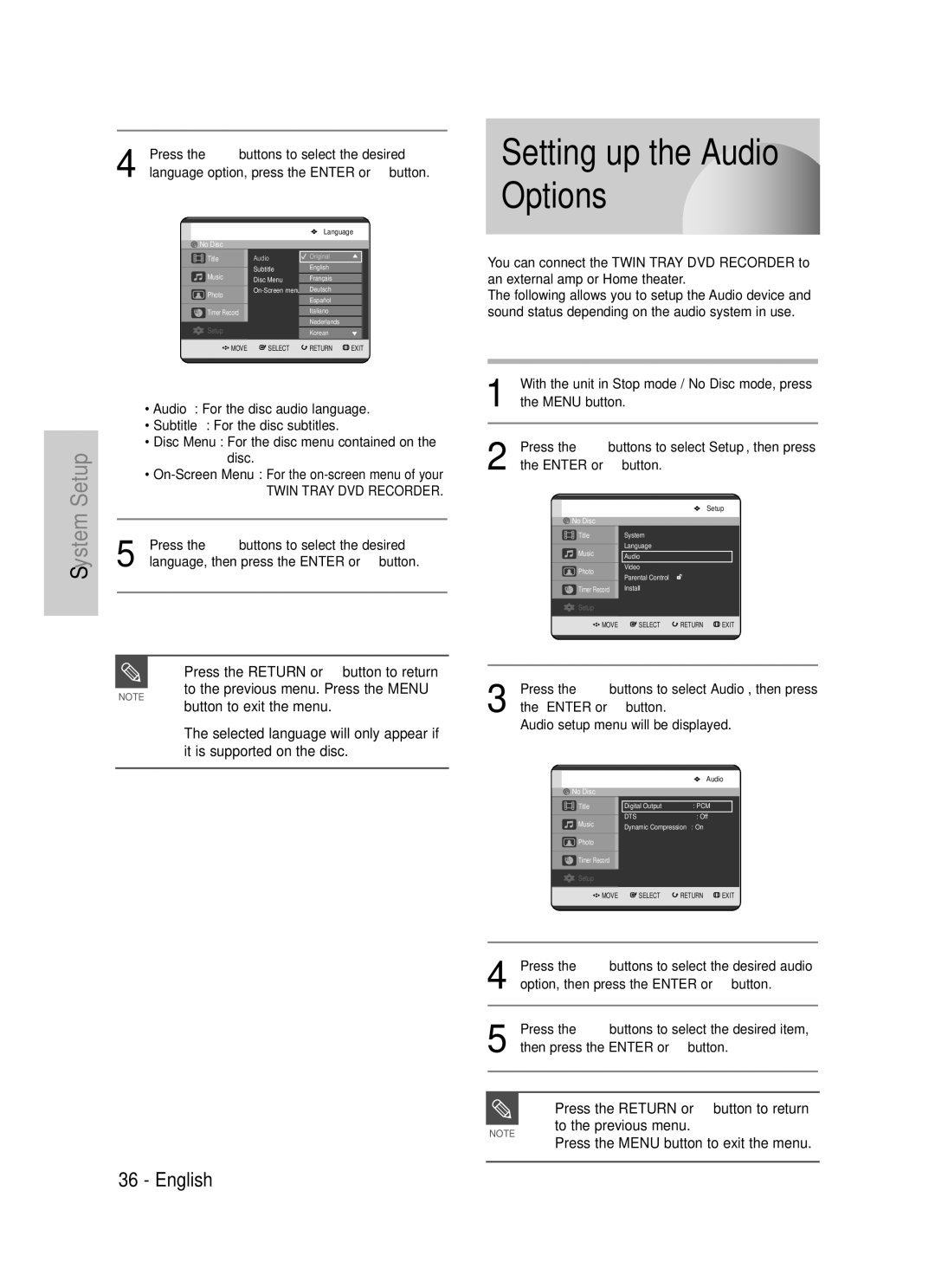 Samsung DVD-TR520 instruction manual Setting up the Audio Options, Press the Return or œ button to return 