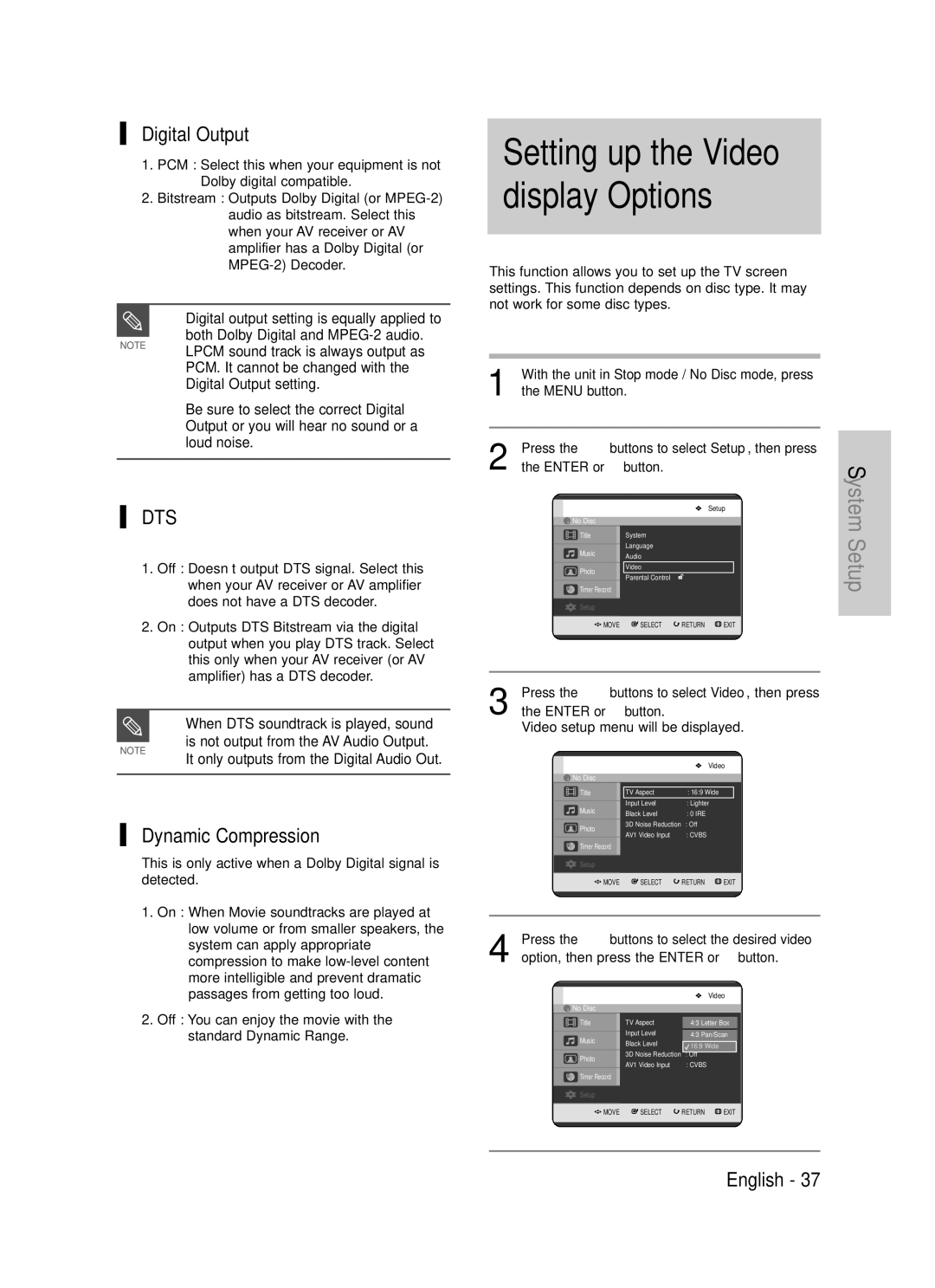 Samsung DVD-TR520 instruction manual Digital Output, Dynamic Compression, When DTS soundtrack is played, sound 