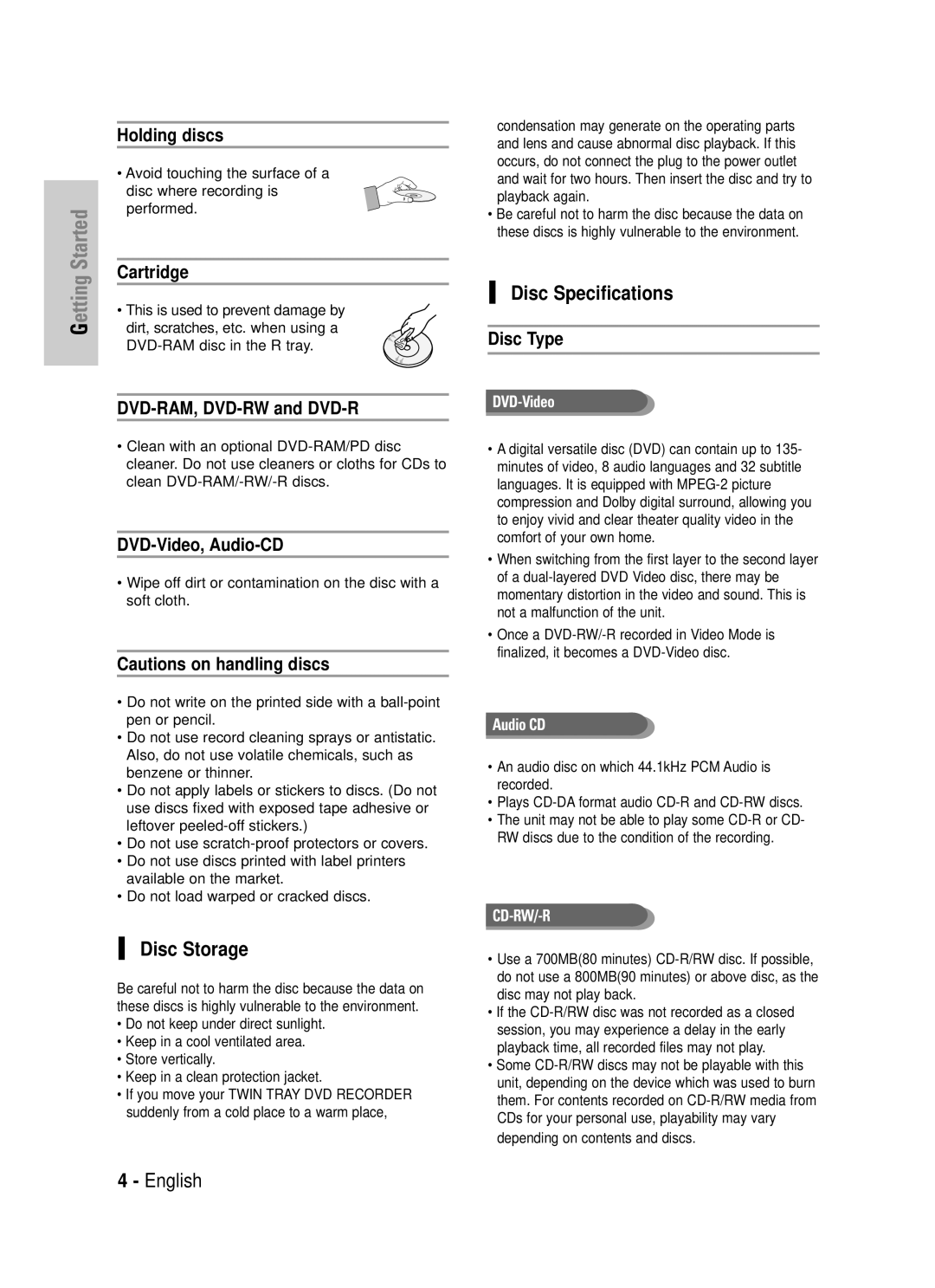 Samsung DVD-TR520 instruction manual Disc Storage, Disc Specifications 