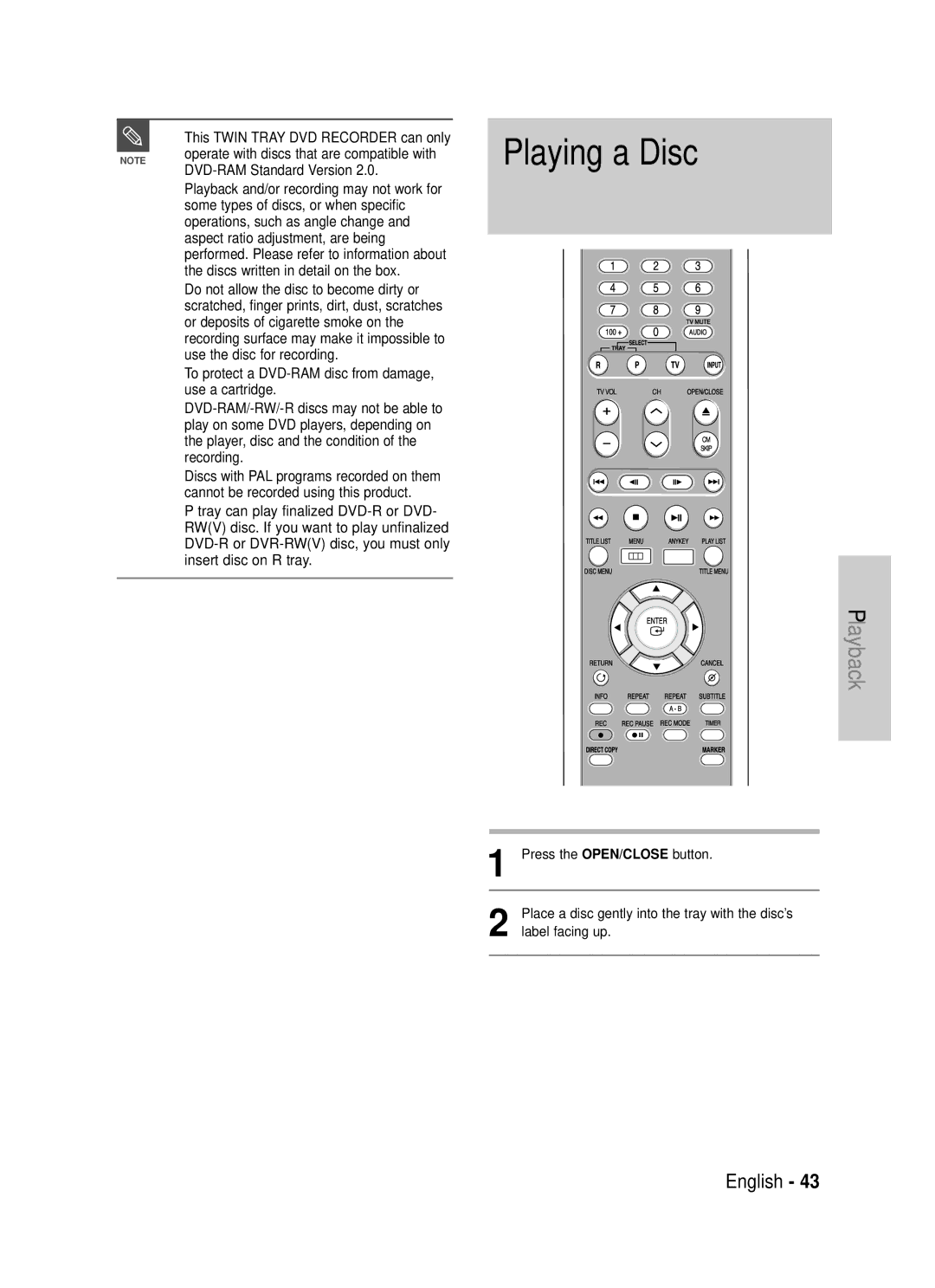 Samsung DVD-TR520 instruction manual Playing a Disc, This Twin Tray DVD Recorder can only, DVD-RAM Standard Version 