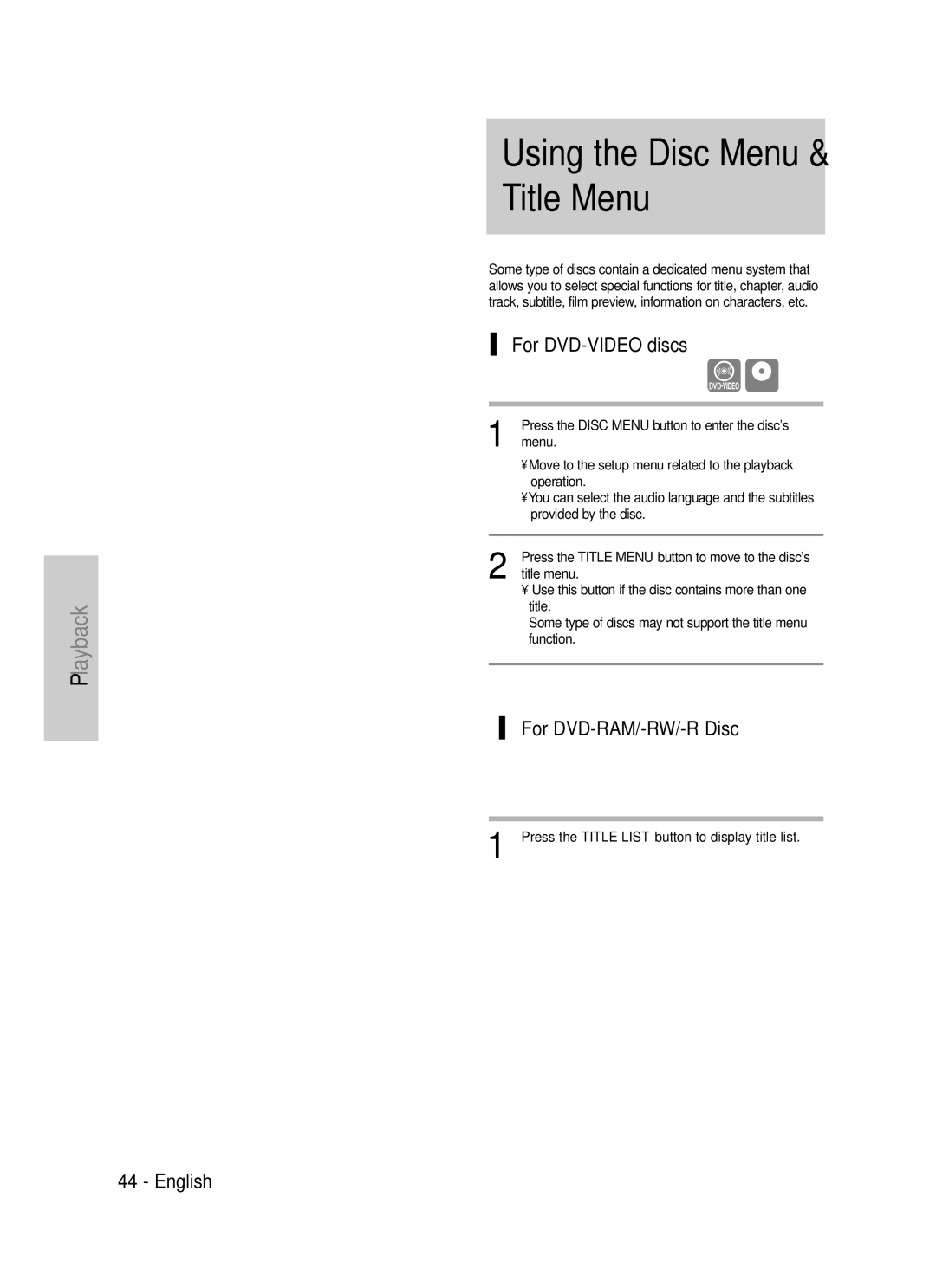 Samsung DVD-TR520 instruction manual For DVD-VIDEO discs, For DVD-RAM/-RW/-R Disc 