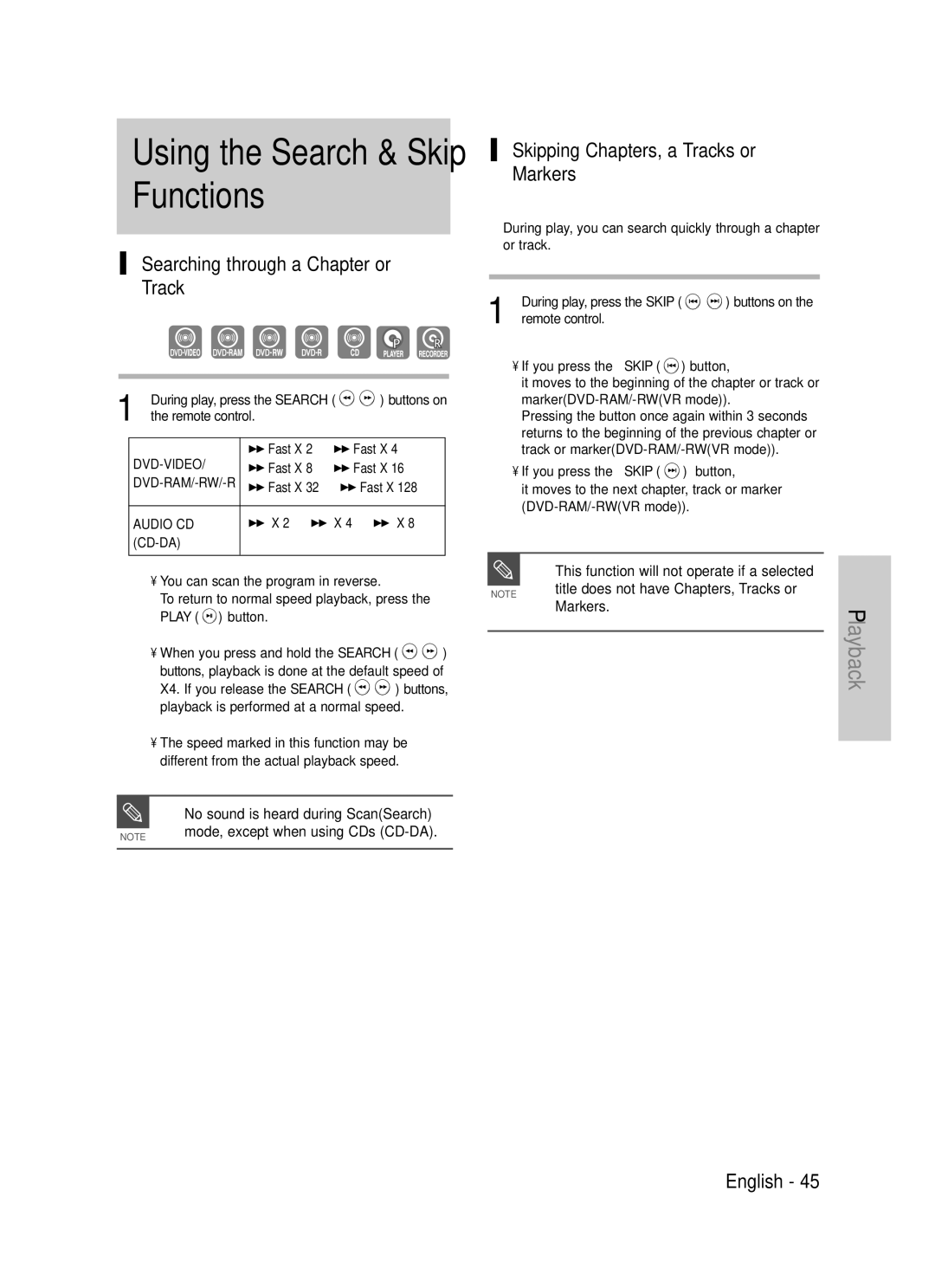 Samsung DVD-TR520 Using the Search & Skip Functions, Searching through a Chapter or Track, If you press the Skip button 