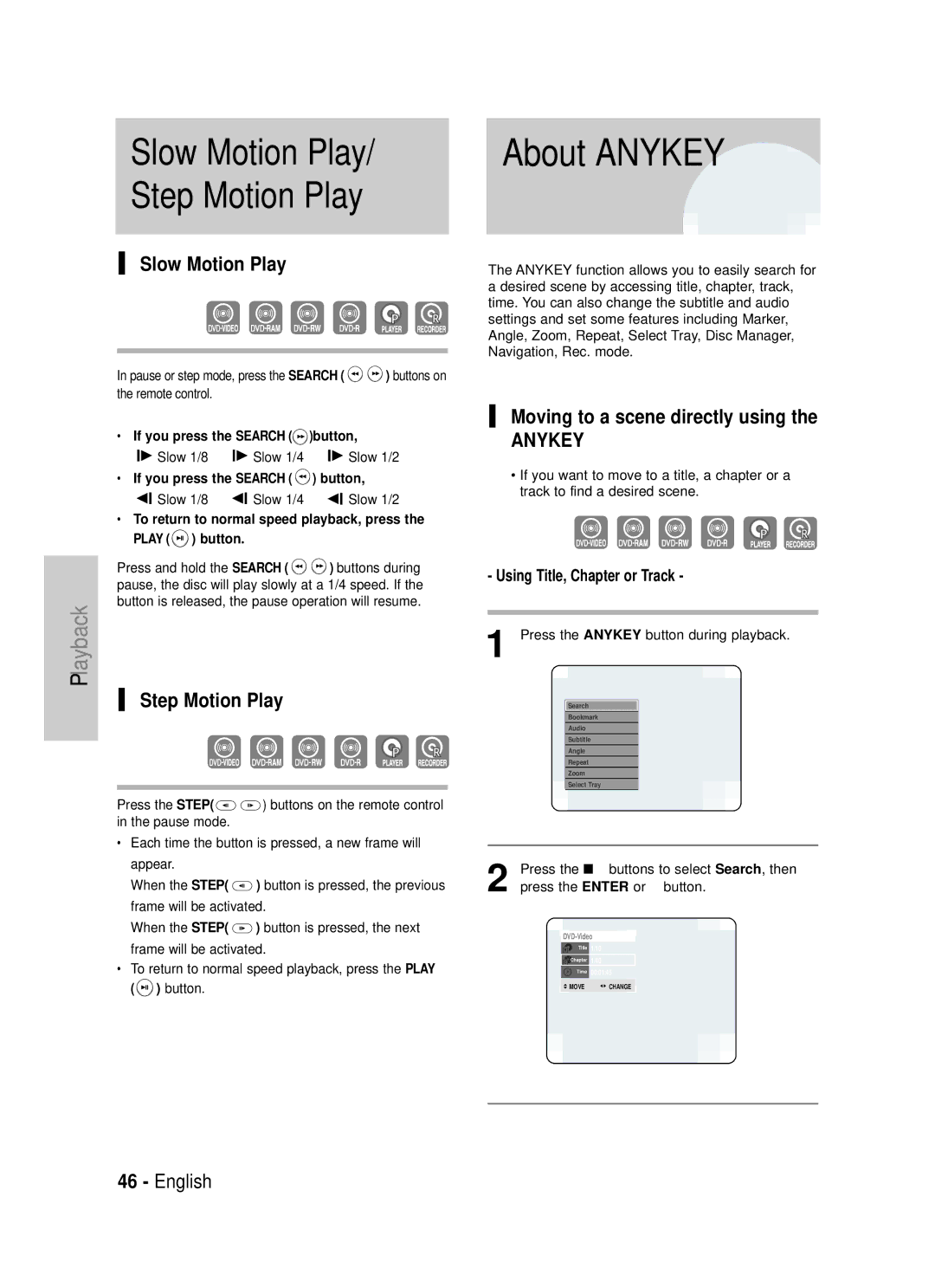 Samsung DVD-TR520 instruction manual About Anykey, Slow Motion Play Step Motion Play, Moving to a scene directly using 