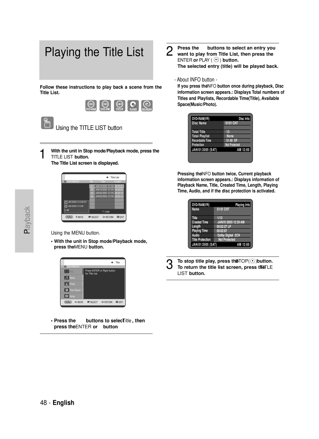 Samsung DVD-TR520 instruction manual Playing the Title List, Using the Title List button, About Info button 