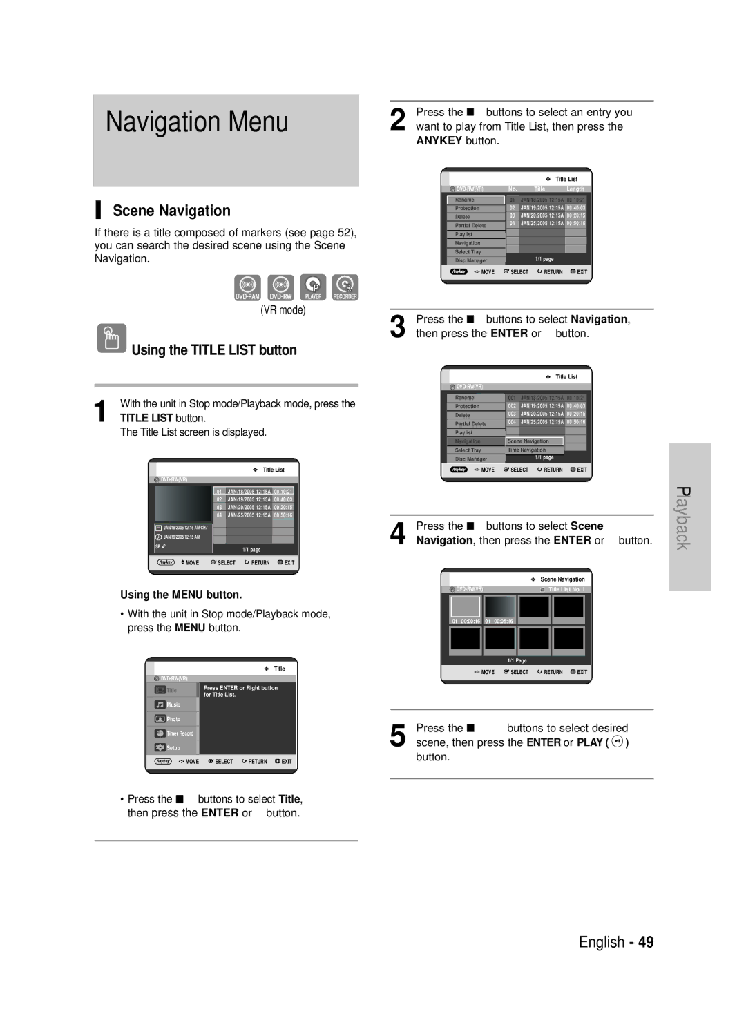 Samsung DVD-TR520 instruction manual Navigation Menu, Scene Navigation, VR mode 