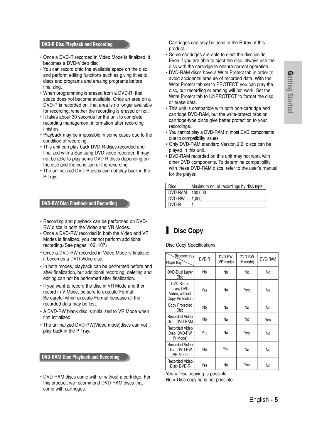 Samsung DVD-TR520 instruction manual Disc Copy 