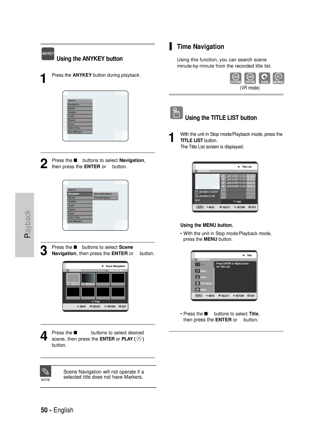 Samsung DVD-TR520 instruction manual Time Navigation, Using the Anykey button, Title List button 