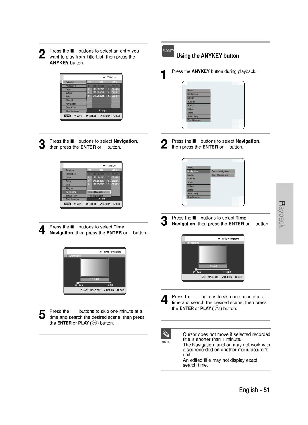 Samsung DVD-TR520 Title is shorter than 1 minute, Unit, An edited title may not display exact, Search time, Enter or Play 