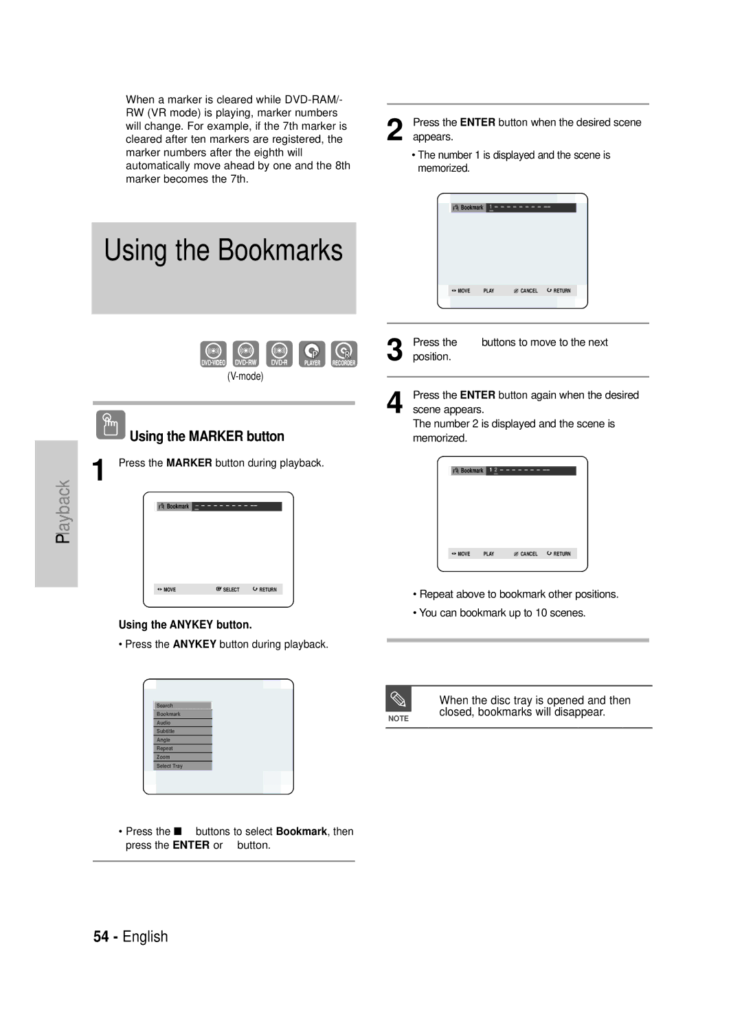 Samsung DVD-TR520 instruction manual When the disc tray is opened and then, Closed, bookmarks will disappear, Mode 