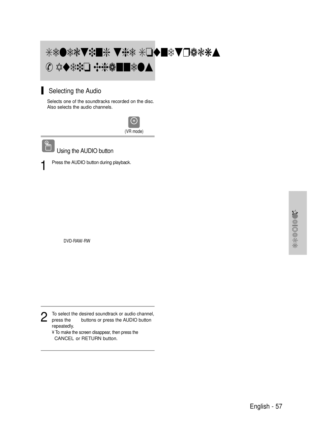 Samsung DVD-TR520 Audio Channels, Selecting the Audio, Using the Audio button, Press the Audio button during playback 