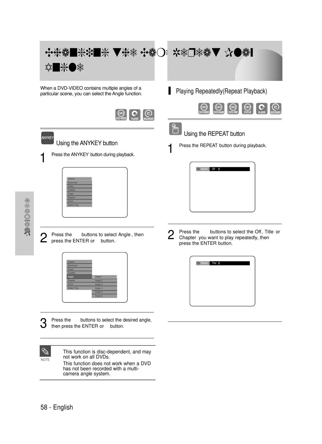 Samsung DVD-TR520 instruction manual Changing the Camera, Angle, Playing RepeatedlyRepeat Playback, Using the Repeat button 