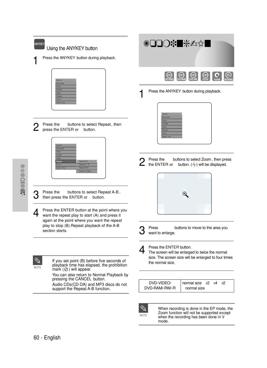 Samsung DVD-TR520 instruction manual Zooming-In, If you set point B before five seconds 