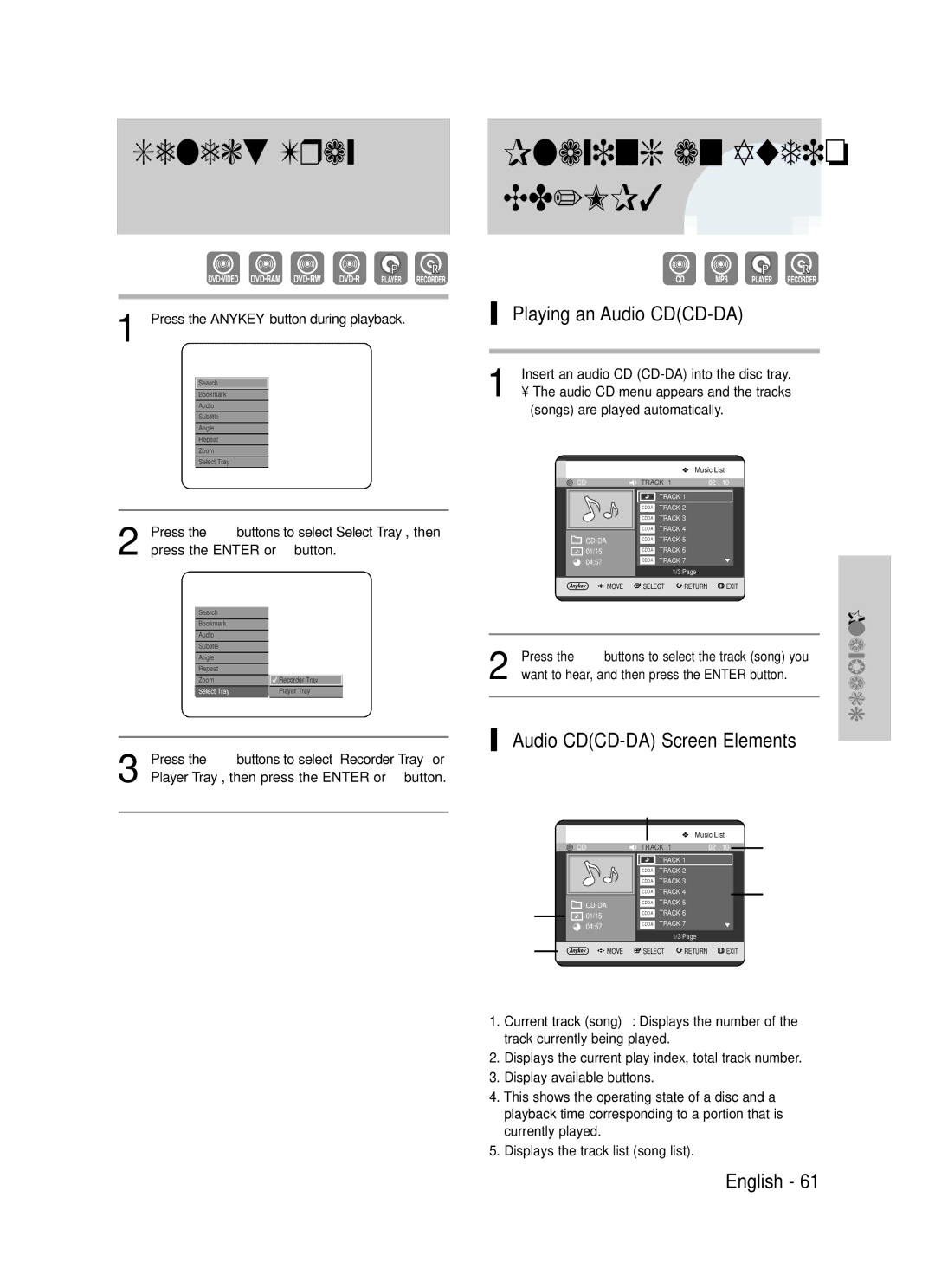 Samsung DVD-TR520 instruction manual Select Tray, Playing an Audio CDCD-DA, Audio CDCD-DA Screen Elements 