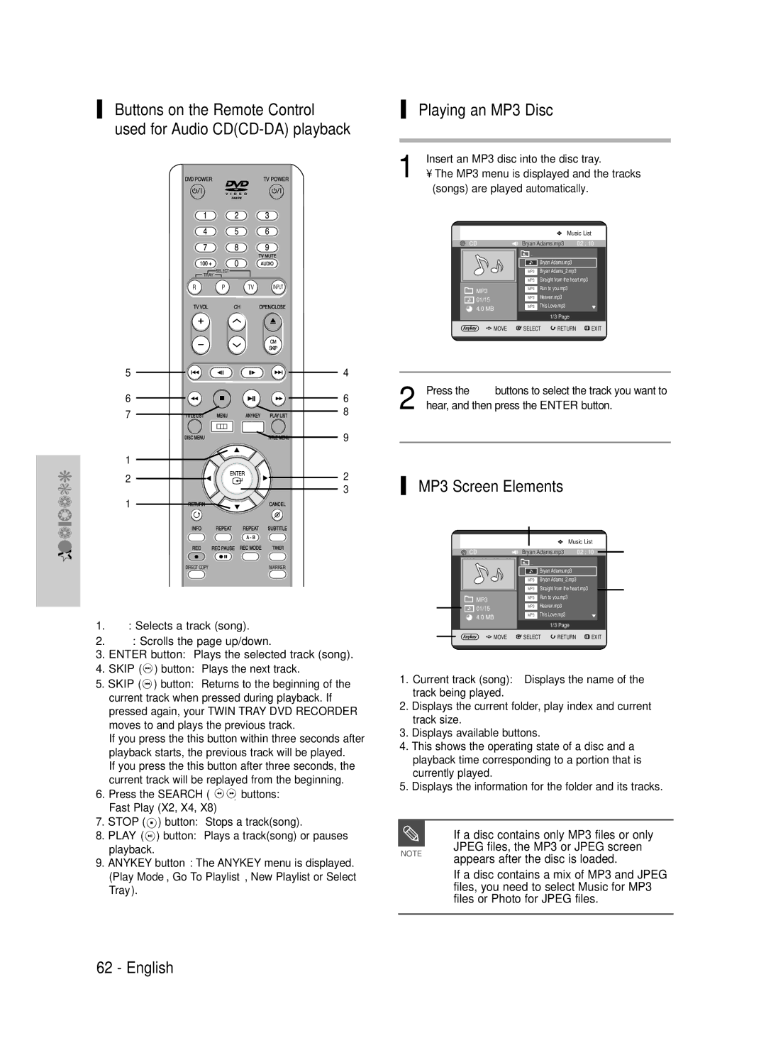 Samsung DVD-TR520 instruction manual Playing an MP3 Disc, MP3 Screen Elements, If a disc contains only MP3 files or only 