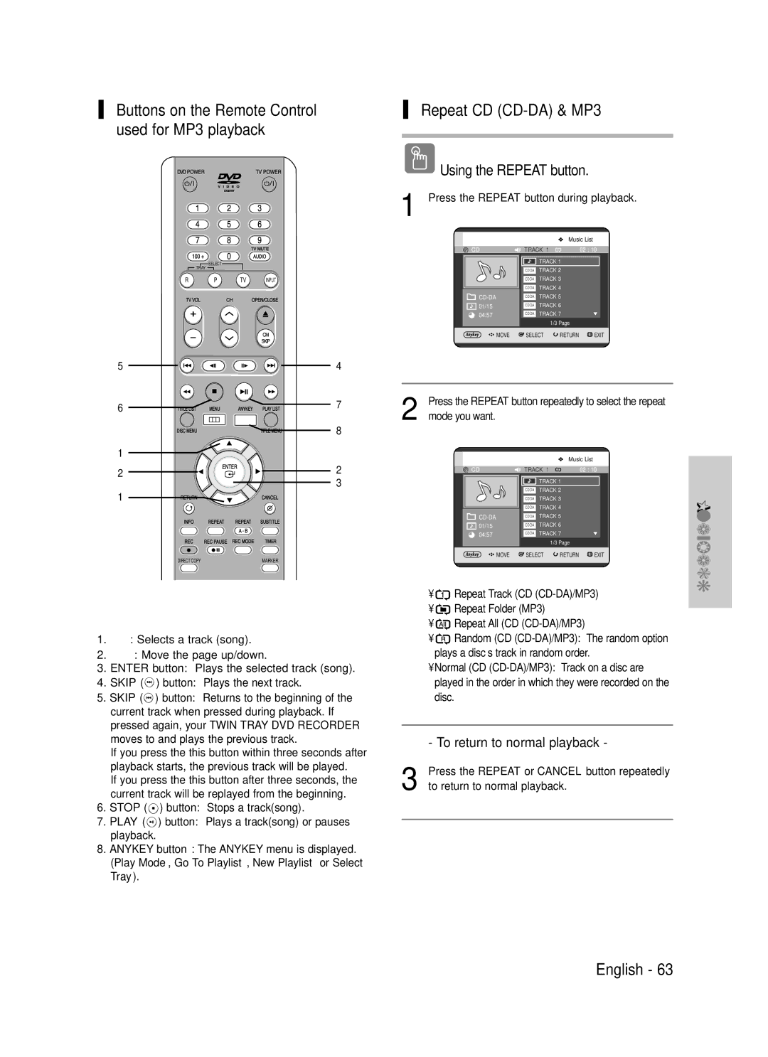 Samsung DVD-TR520 Repeat CD CD-DA & MP3, Buttons on the Remote Control used for MP3 playback, To return to normal playback 