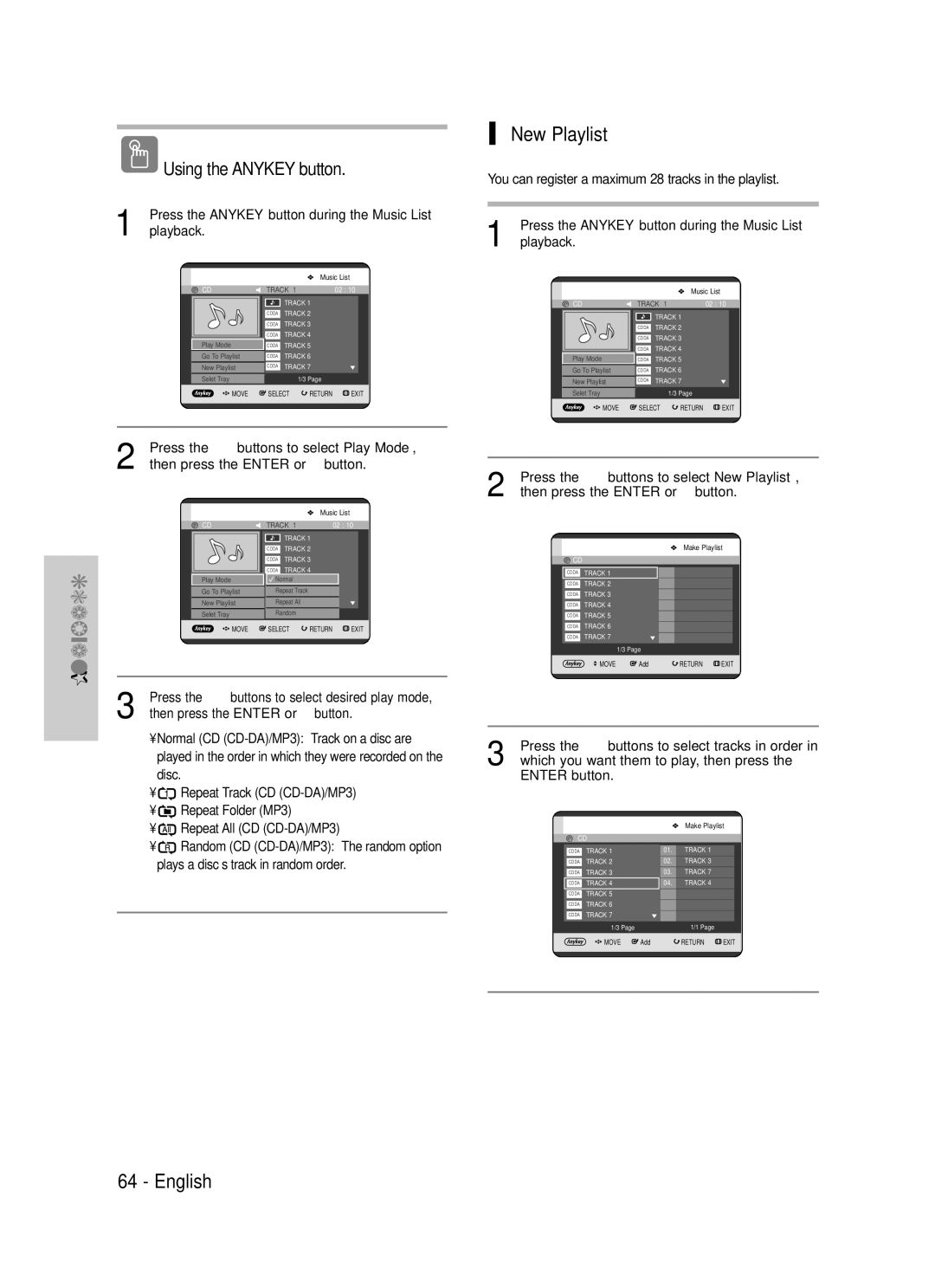 Samsung DVD-TR520 instruction manual New Playlist, Disc, Repeat Track CD CD-DA/MP3, Plays a disc’s track in random order 