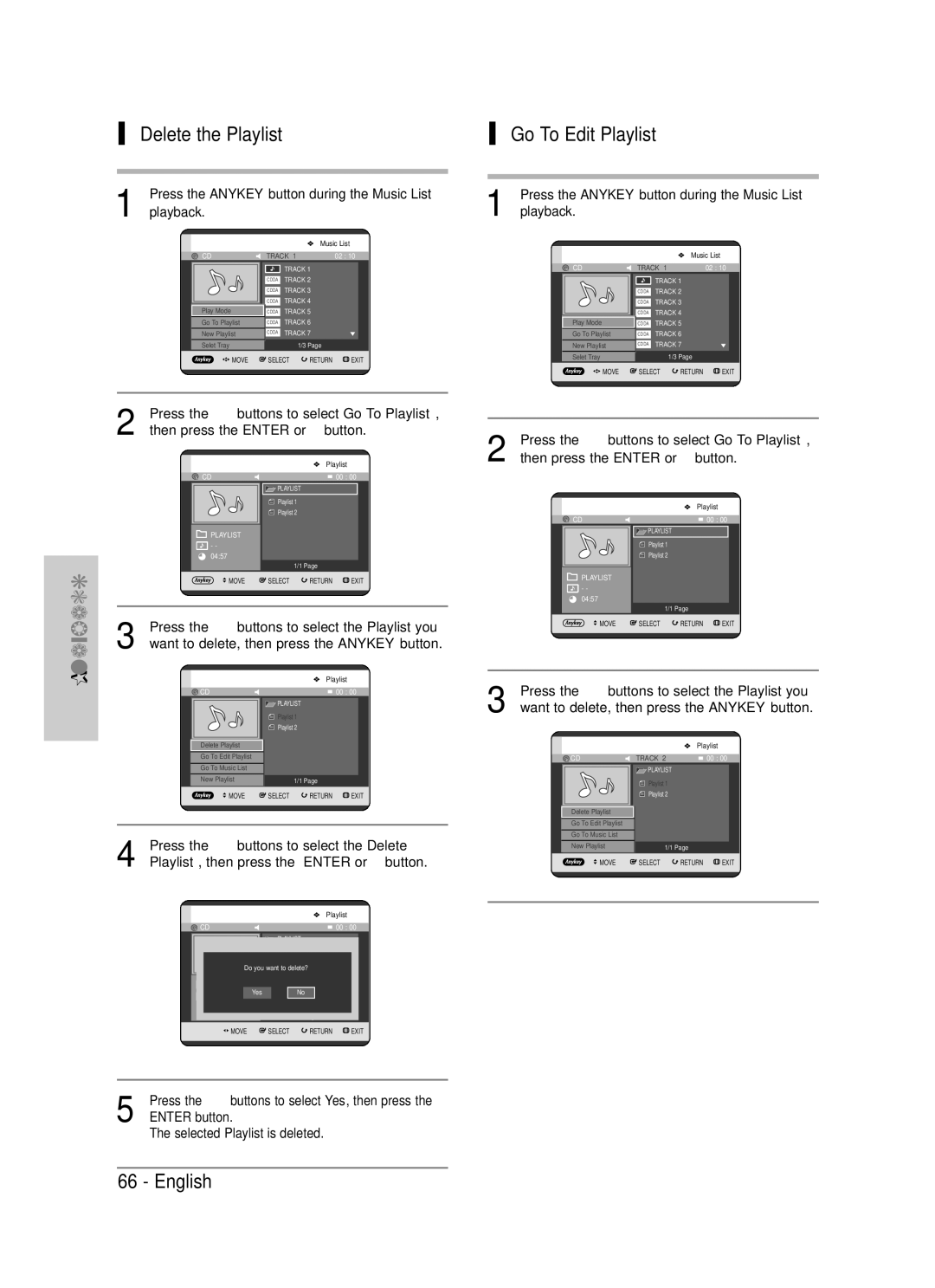 Samsung DVD-TR520 instruction manual Delete the Playlist, Go To Edit Playlist 