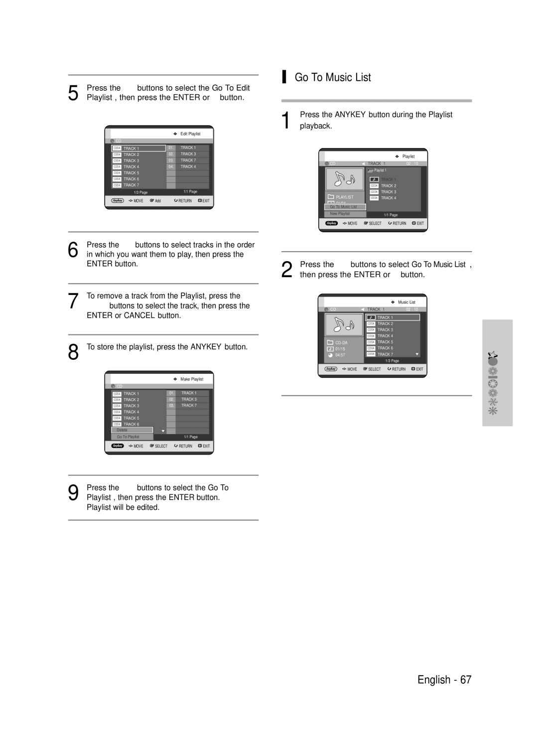 Samsung DVD-TR520 instruction manual Go To Music List, Enter or Cancel button 