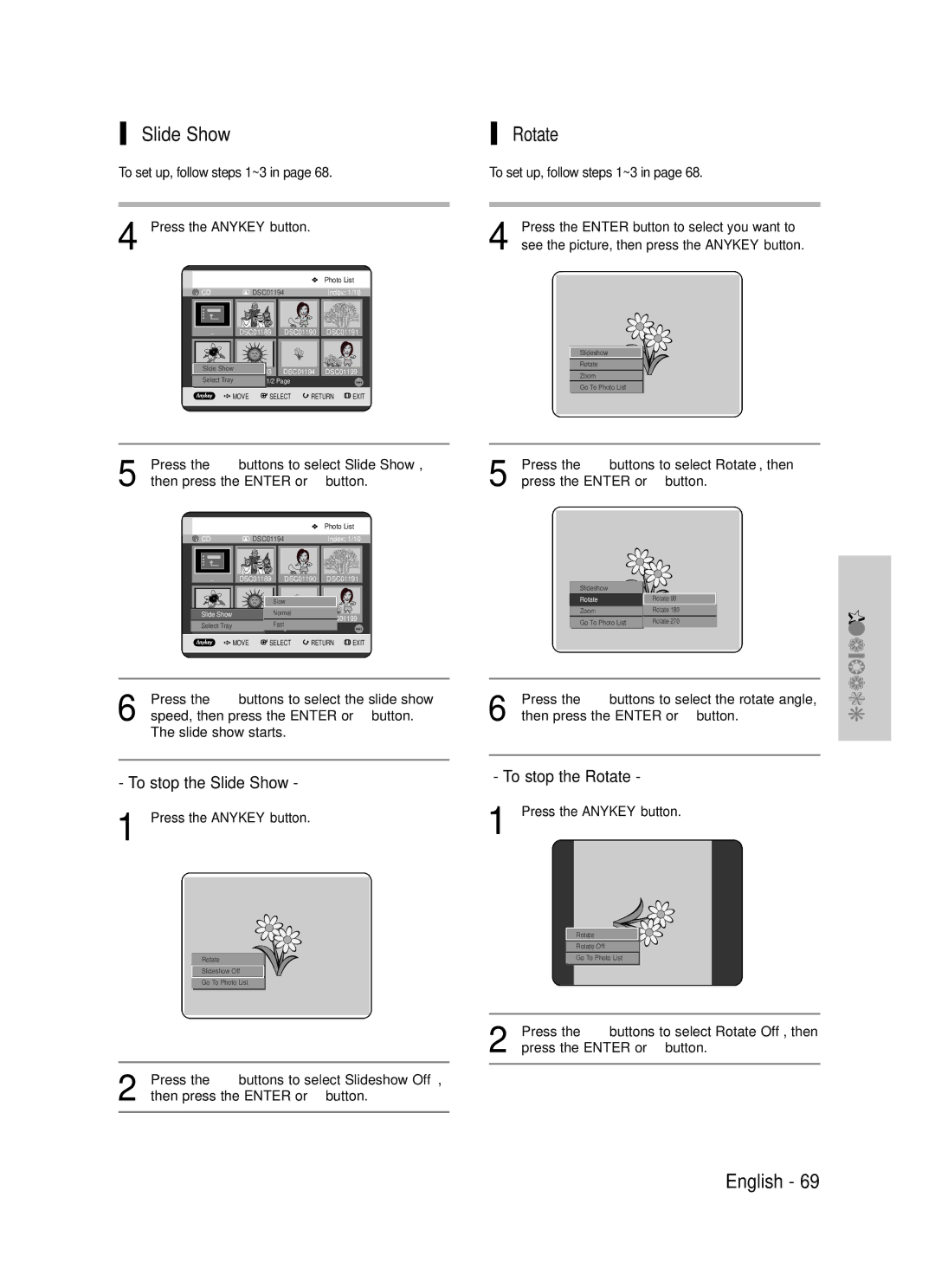 Samsung DVD-TR520 Rotate, To stop the Slide Show, To set up, follow steps 1~3 Press the Anykey button 