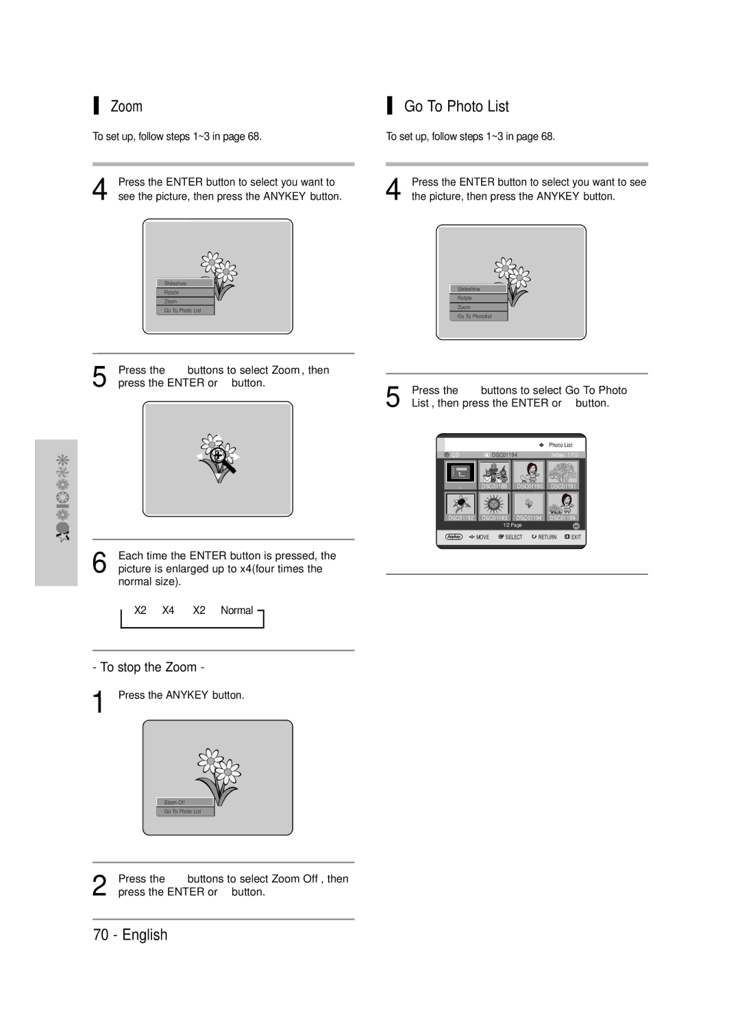 Samsung DVD-TR520 instruction manual Go To Photo List, To stop the Zoom, X2 X4 X2 Normal 