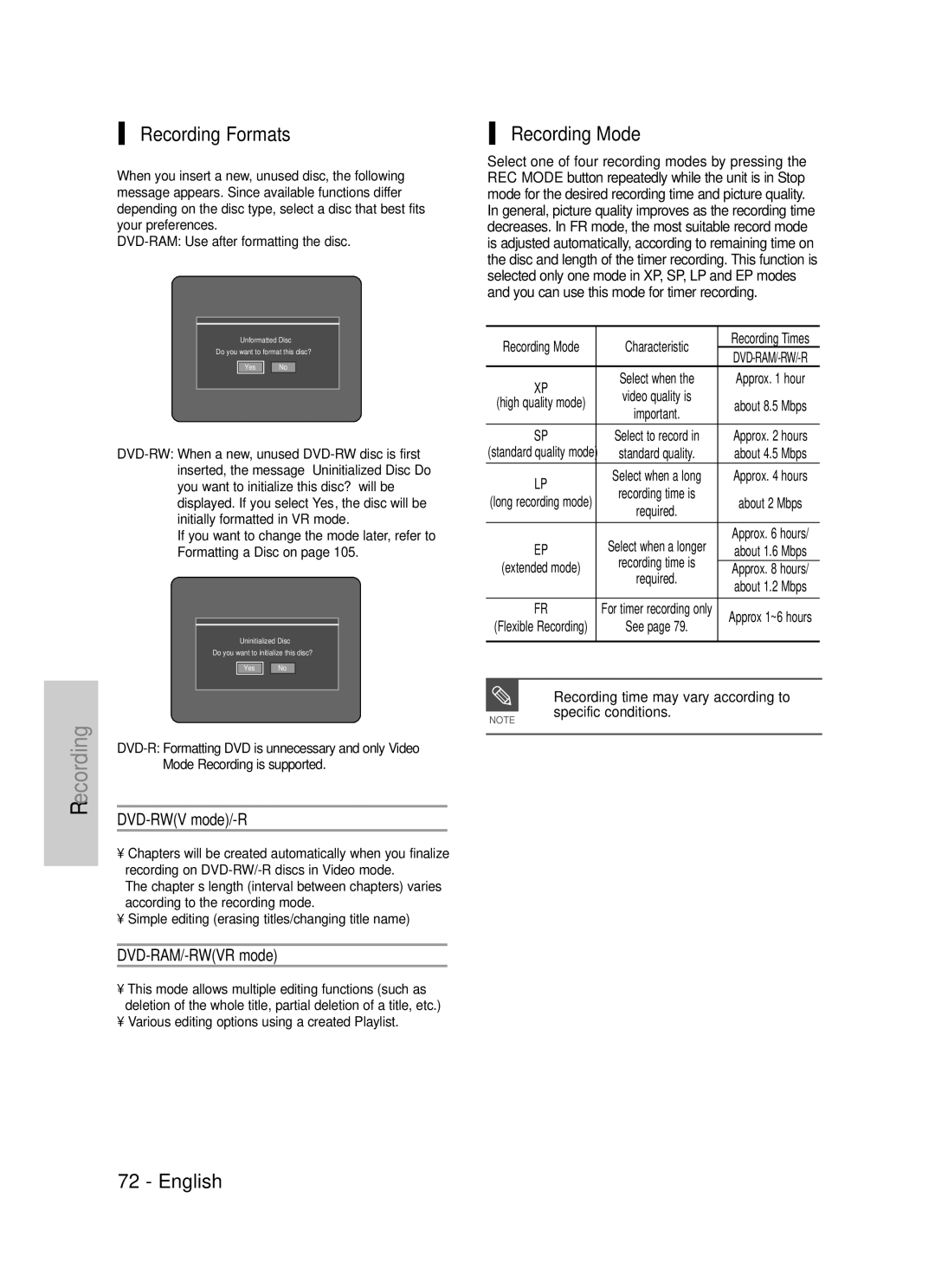 Samsung DVD-TR520 instruction manual Recording Formats, Recording Mode, DVD-RWV mode/-R, DVD-RAM/-RWVR mode 