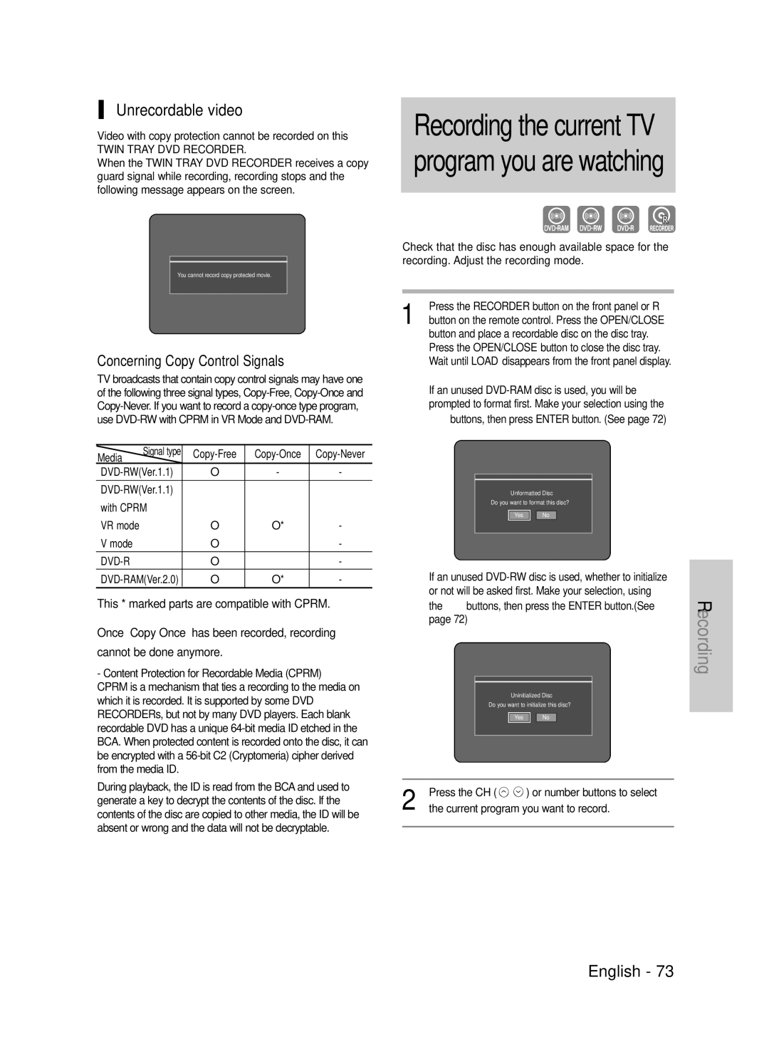 Samsung DVD-TR520 instruction manual Unrecordable video, Concerning Copy Control Signals 