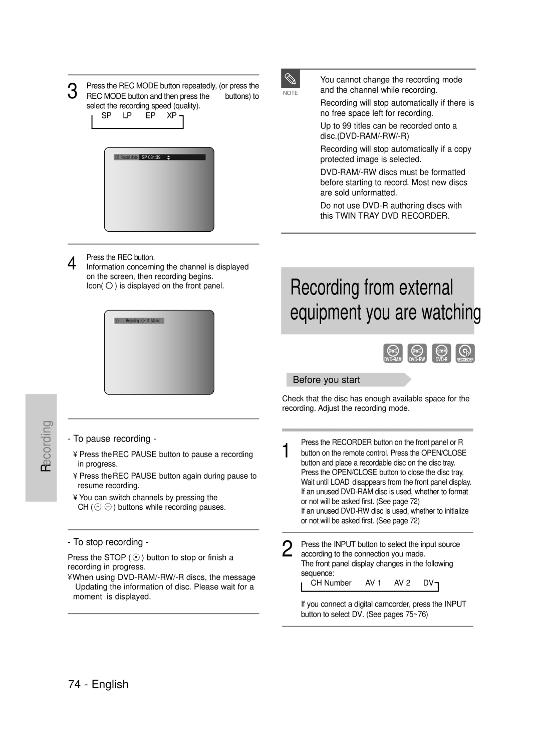 Samsung DVD-TR520 To pause recording, To stop recording, Before you start, Channel while recording, CH Number AV 1 AV 2 DV 