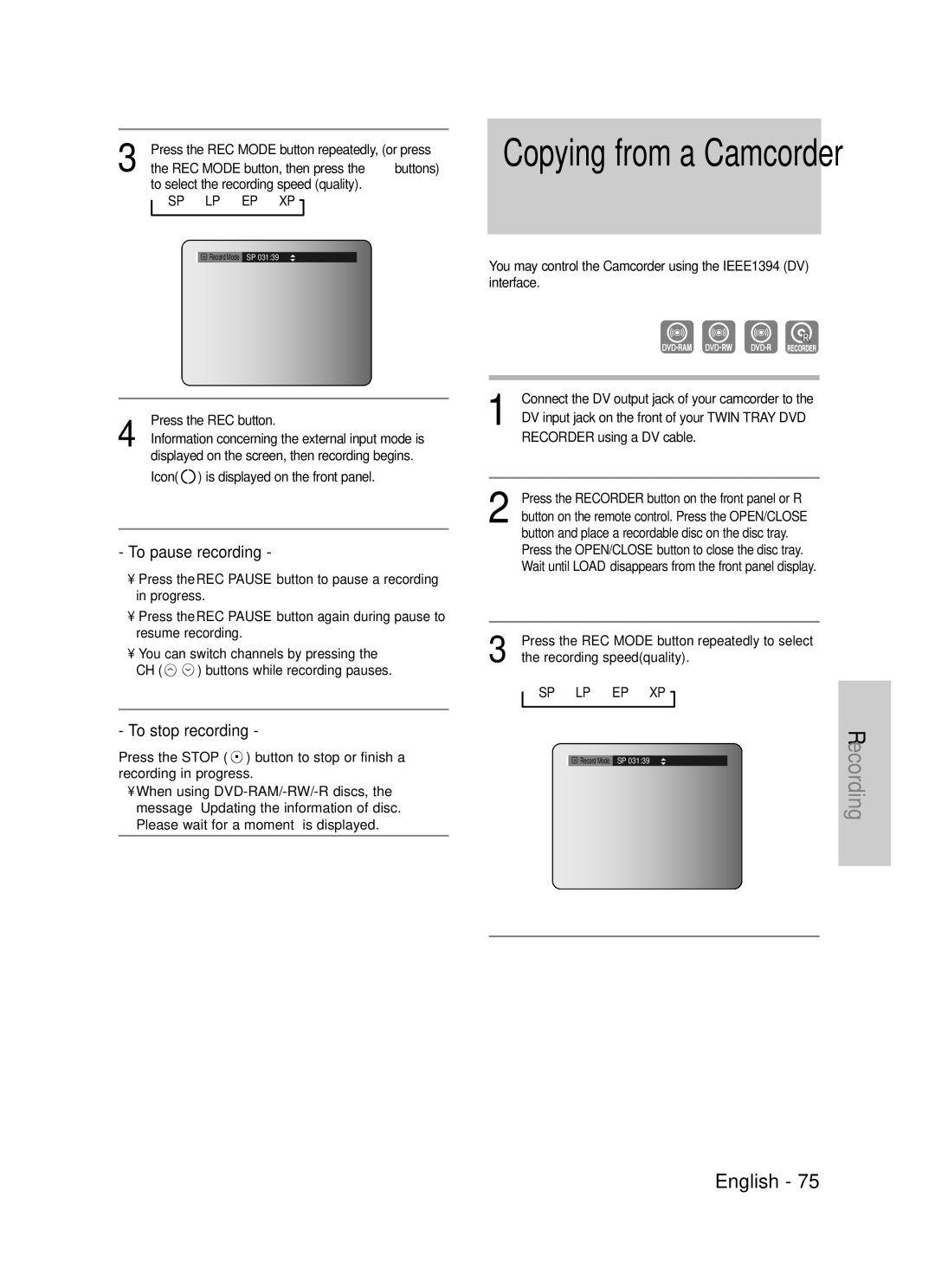 Samsung DVD-TR520 instruction manual Sp Lp Ep Xp, Recorder using a DV cable, Press the REC Mode button repeatedly to select 