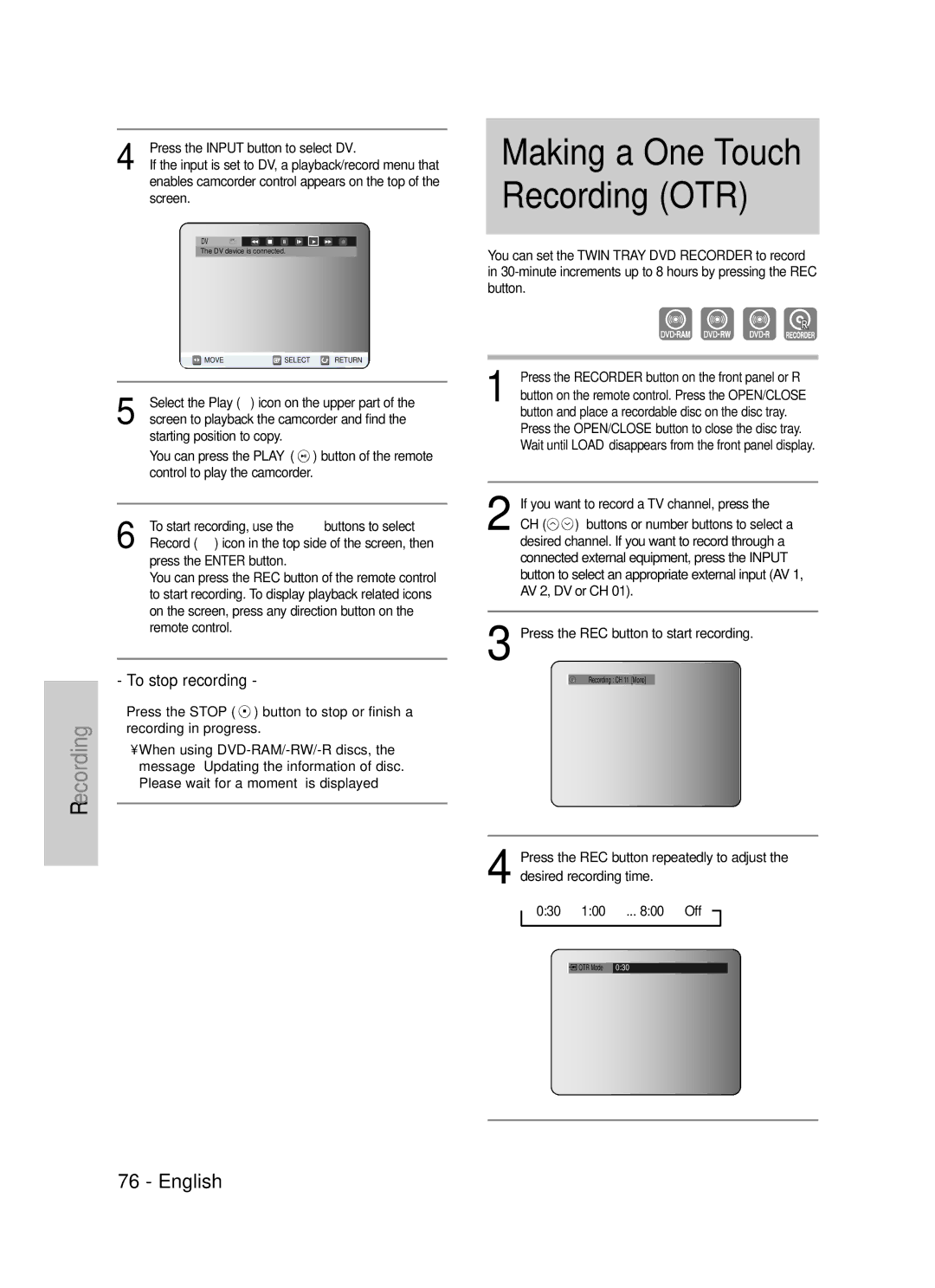 Samsung DVD-TR520 instruction manual If you want to record a TV channel, press, 030 100 .. Off 