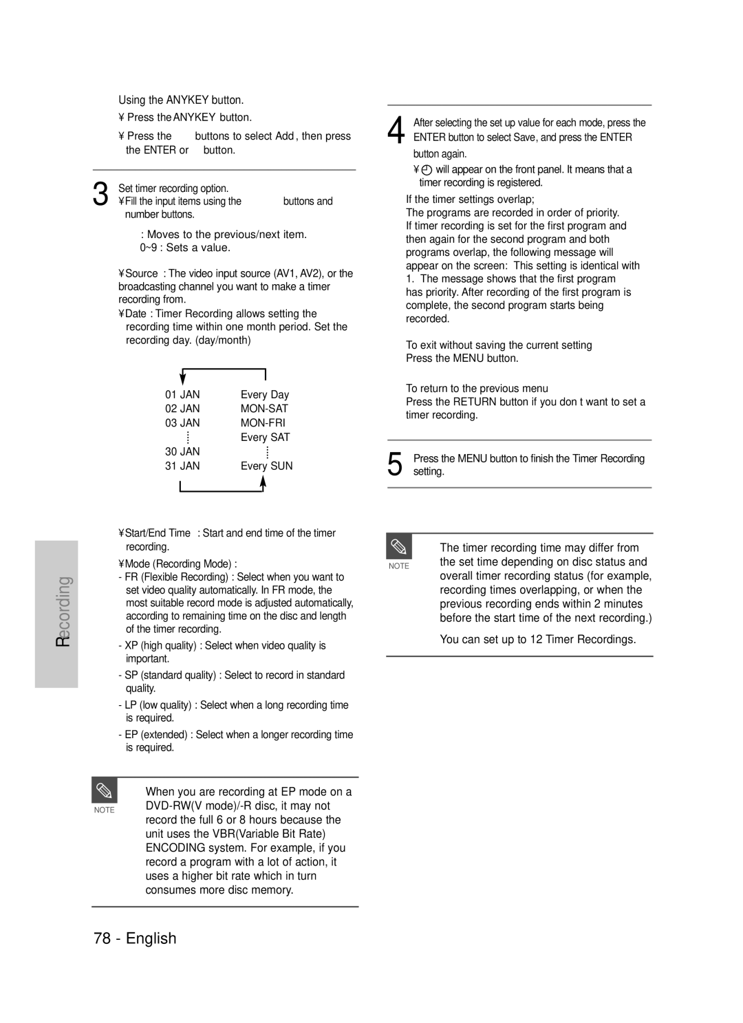 Samsung DVD-TR520 When you are recording at EP mode on a, DVD-RWV mode/-R disc, it may not, Consumes more disc memory 