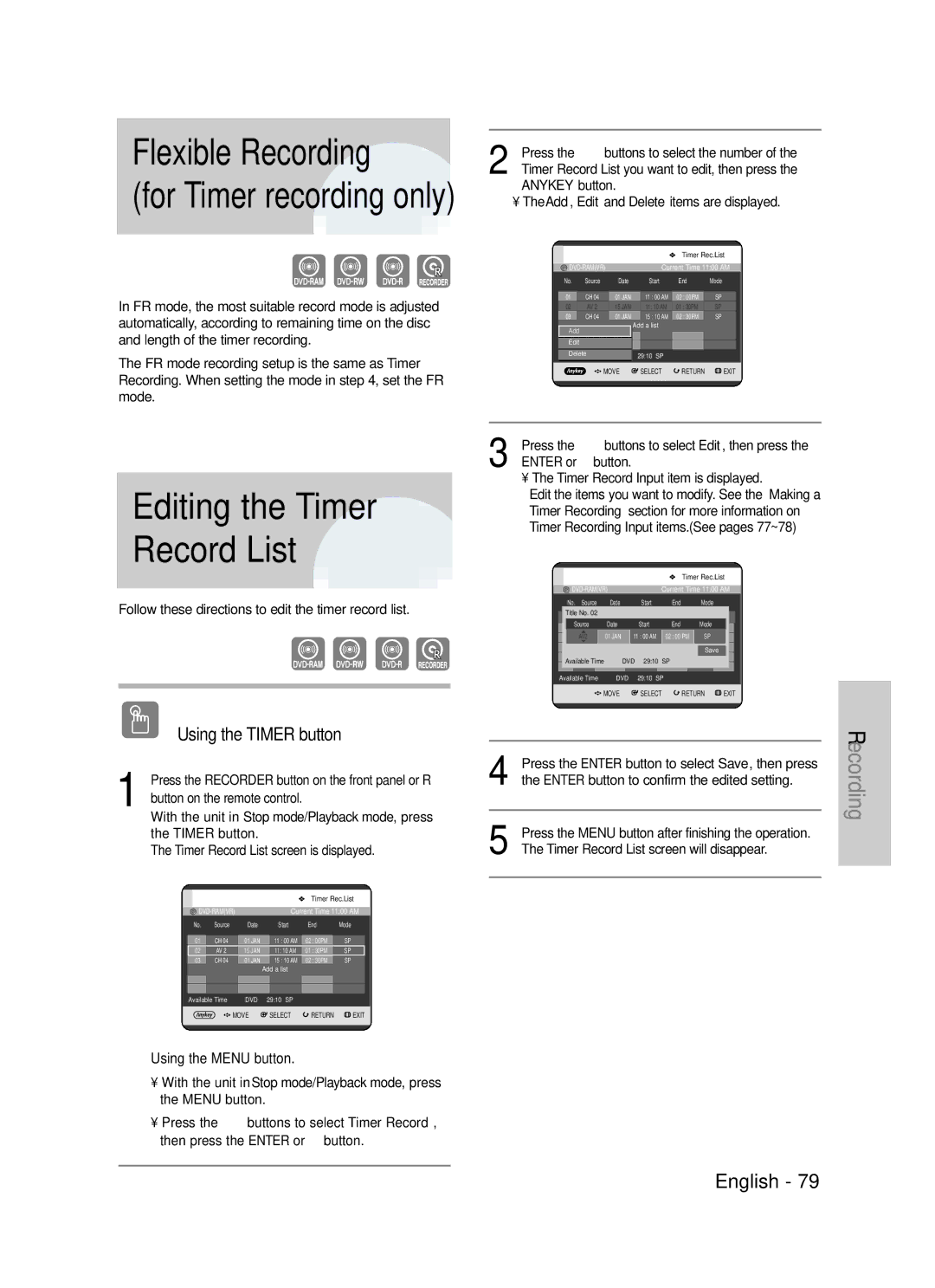 Samsung DVD-TR520 instruction manual Flexible Recording, Editing the Timer Record List 