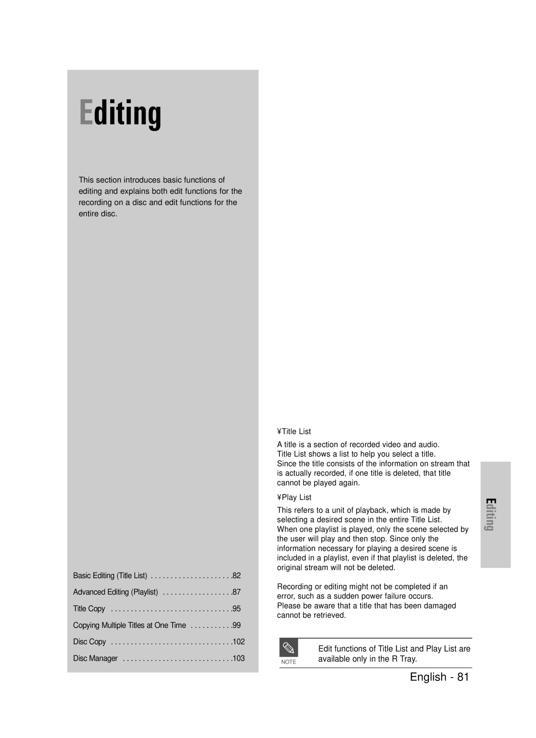 Samsung DVD-TR520 instruction manual Available only in the R Tray, Edit functions of Title List and Play List are 