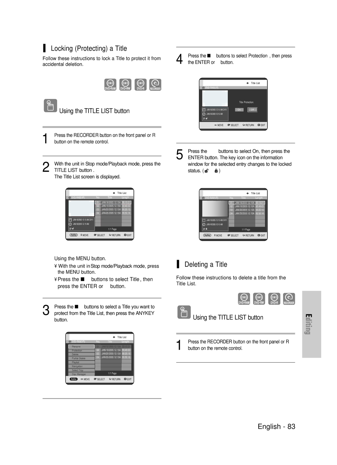 Samsung DVD-TR520 instruction manual Locking Protecting a Title, Deleting a Title, Button on the remote control 