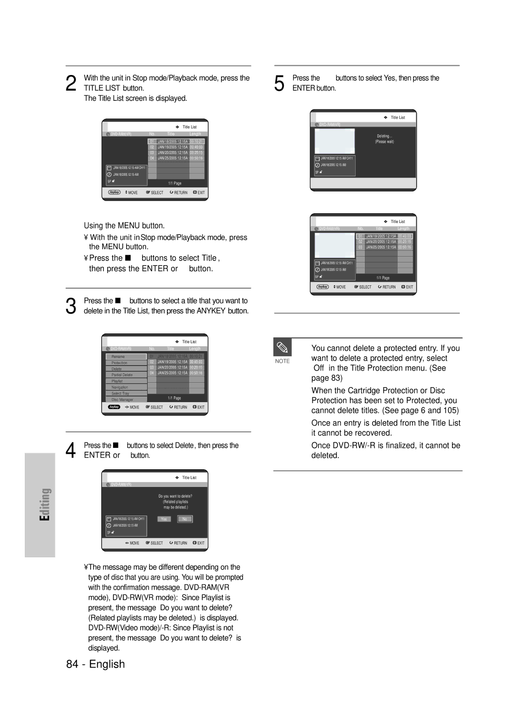 Samsung DVD-TR520 Want to delete a protected entry, select, Off in the Title Protection menu. See, Enter button 