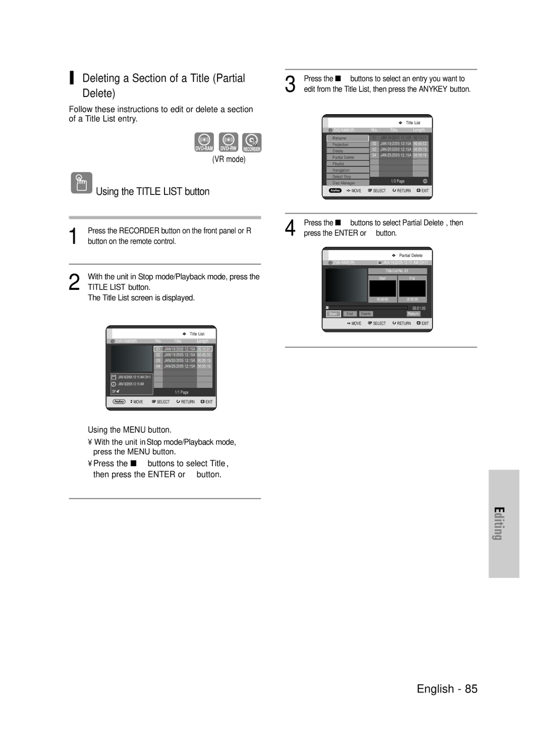 Samsung DVD-TR520 Deleting a Section of a Title Partial Delete, Title List button Title List screen is displayed 